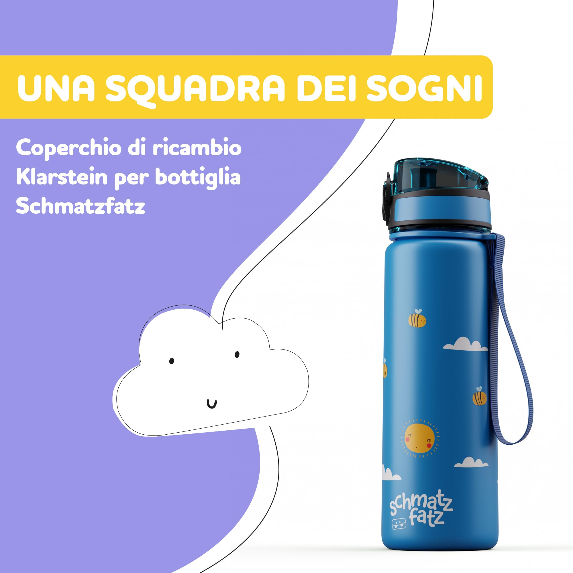 schmatzfatz Tappo per Borraccia – Coperchio di Ricambio Senza BPA con Cannuccia in Silicone, Chiusura a Prova di Perdite per Biberon 500ml, Facile da Pulire, Lavabile in Lavastoviglie, Blue Bees