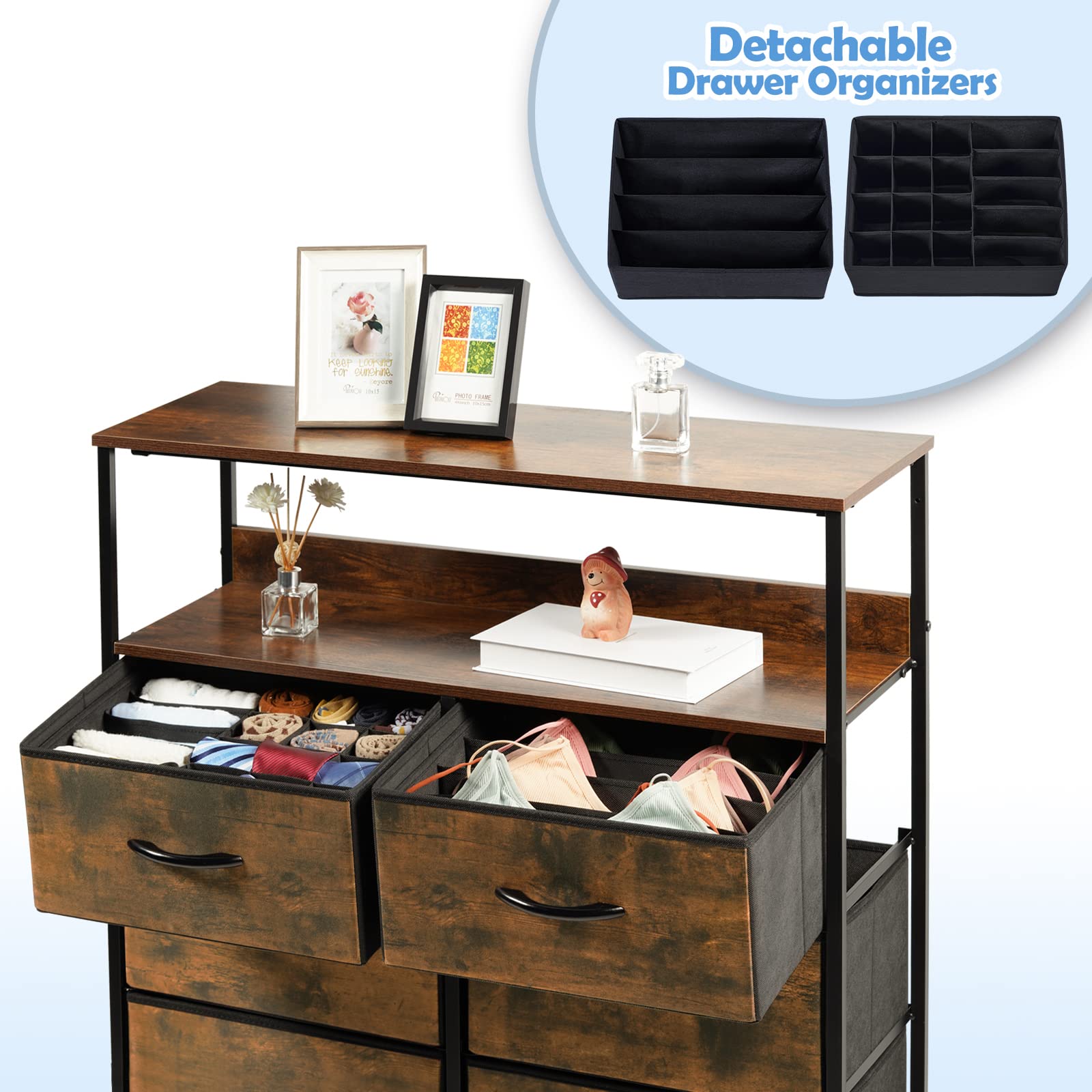 LYNCOHOME Dresser for Bedroom with 2 Drawer Organizers, 8 Drawer Dresser with Shelves Closet, Hallway, Fabric Dresser for Baby, Kids, Sturdy Steel Frame, Chest of Drawers for Clothes