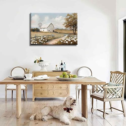 Miniatura 3 de Lienzo de granero de granja, arte de pared de granja rústica, paisaje, naturaleza, decoración, cuadros retro, campo de flores, prado, granero,