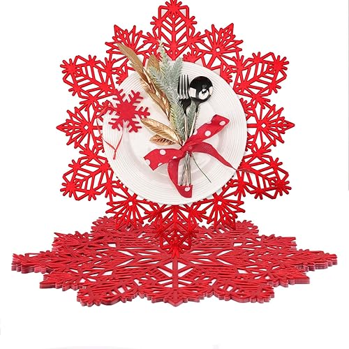 AHHFSMEI Manteles individuales metálicos de vinilo prensado, juego de 6 manteles decorativos (rojo copo de nieve, redondo)