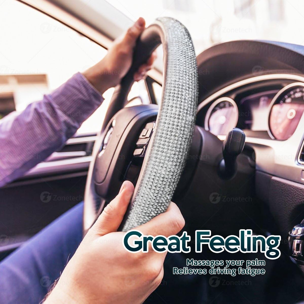 Car Crystal Bling Wheel Cover- Zone Tech Shiny Steering Wheels- Anti-Slip Rhinestones PU Leather Backing- Bling Shiny Diamond Wheel Protector