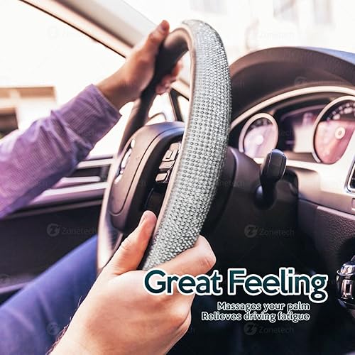 Miniatura 5 de ZONETECH Juego de accesorios brillantes para automóvil, funda de volante de cristal de alta calidad con respaldo de piel sintética y accesorio de