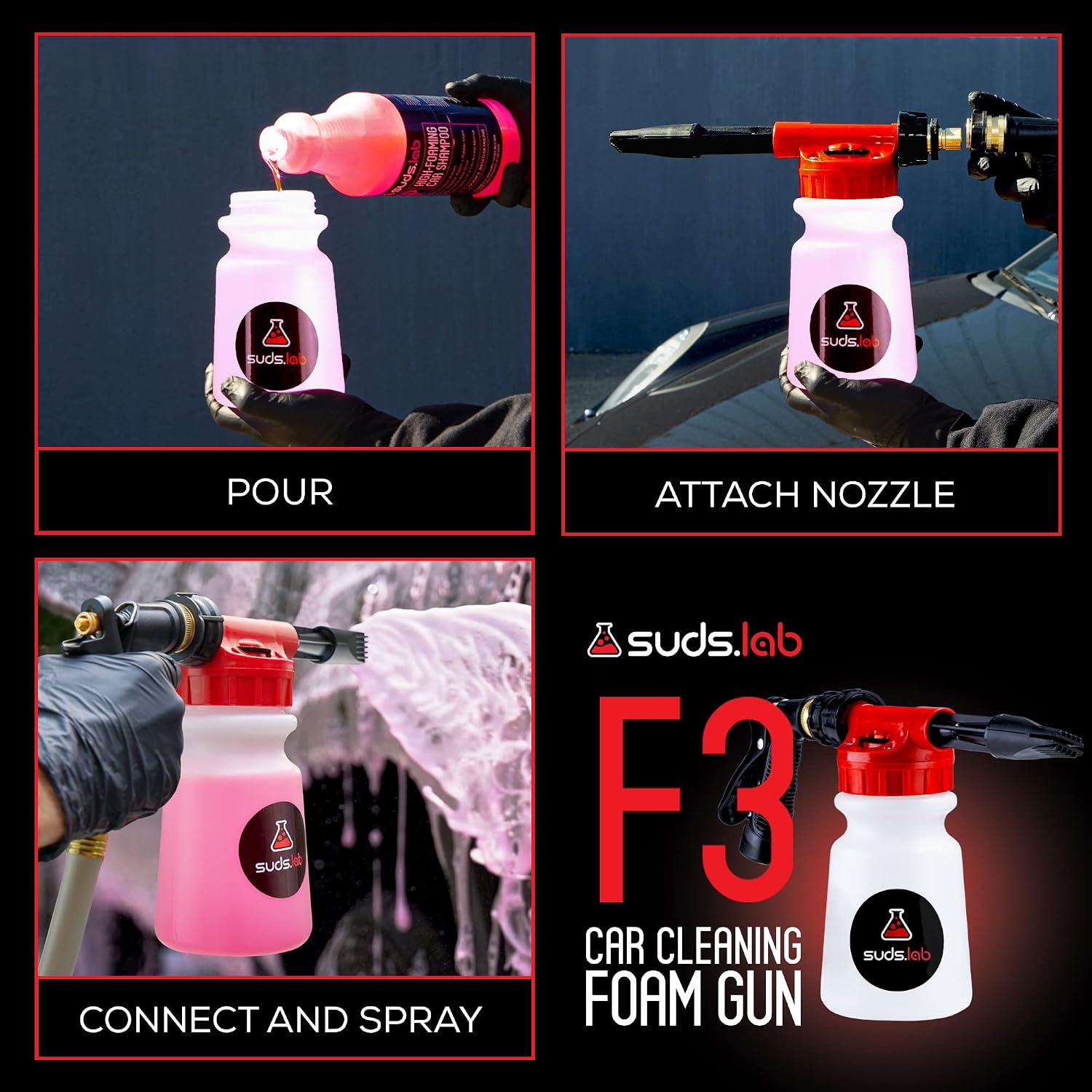 Suds Lab F3 Car Cleaning Foam Gun, Adjustable Foam Nozzle, Garden Hose
