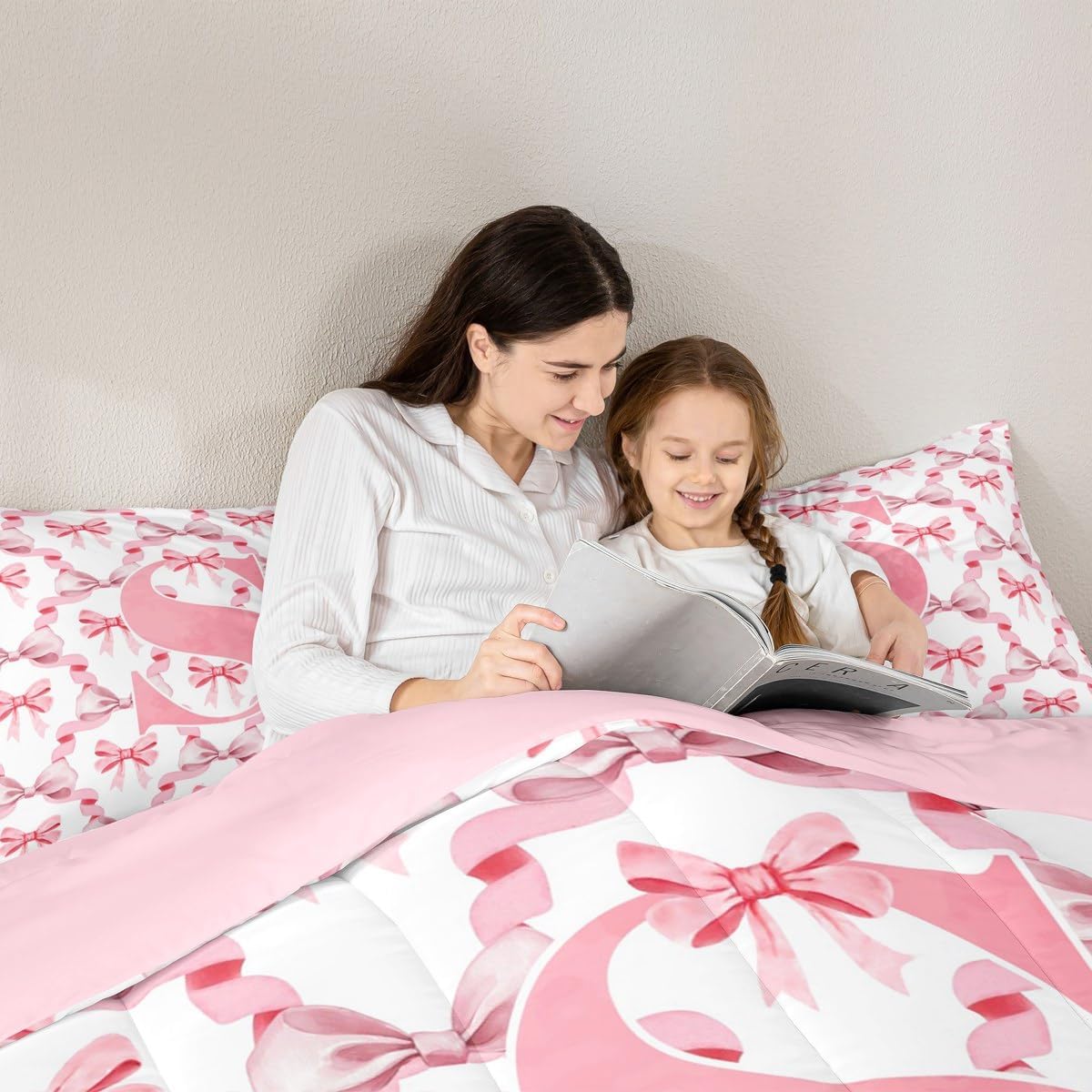 jejeloiu Cute Bowknot Comforter Set All Season Letter S Bedding Set with 1 Pillow Cases Girls Pink Bow Kids Twin Bedclothes Monogrammed Bedroom Decor Gifts for Daughter Women Teen Girls Duvet Quilt