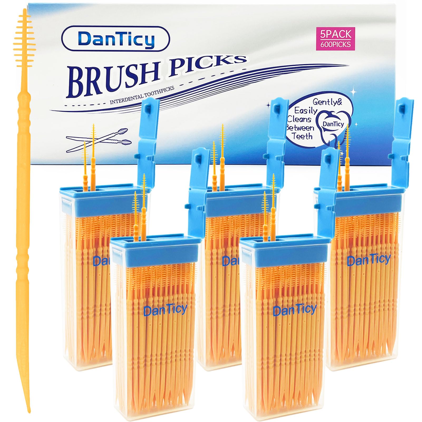 DanTicy Brushpicks Zahnstocher für die Zahnzwischenräume, weiche Borsten, Zahnstocher, hilft Plaque und Schmutz zwischen Ihren Zähnen zu entfernen, 600 Stück, Orange