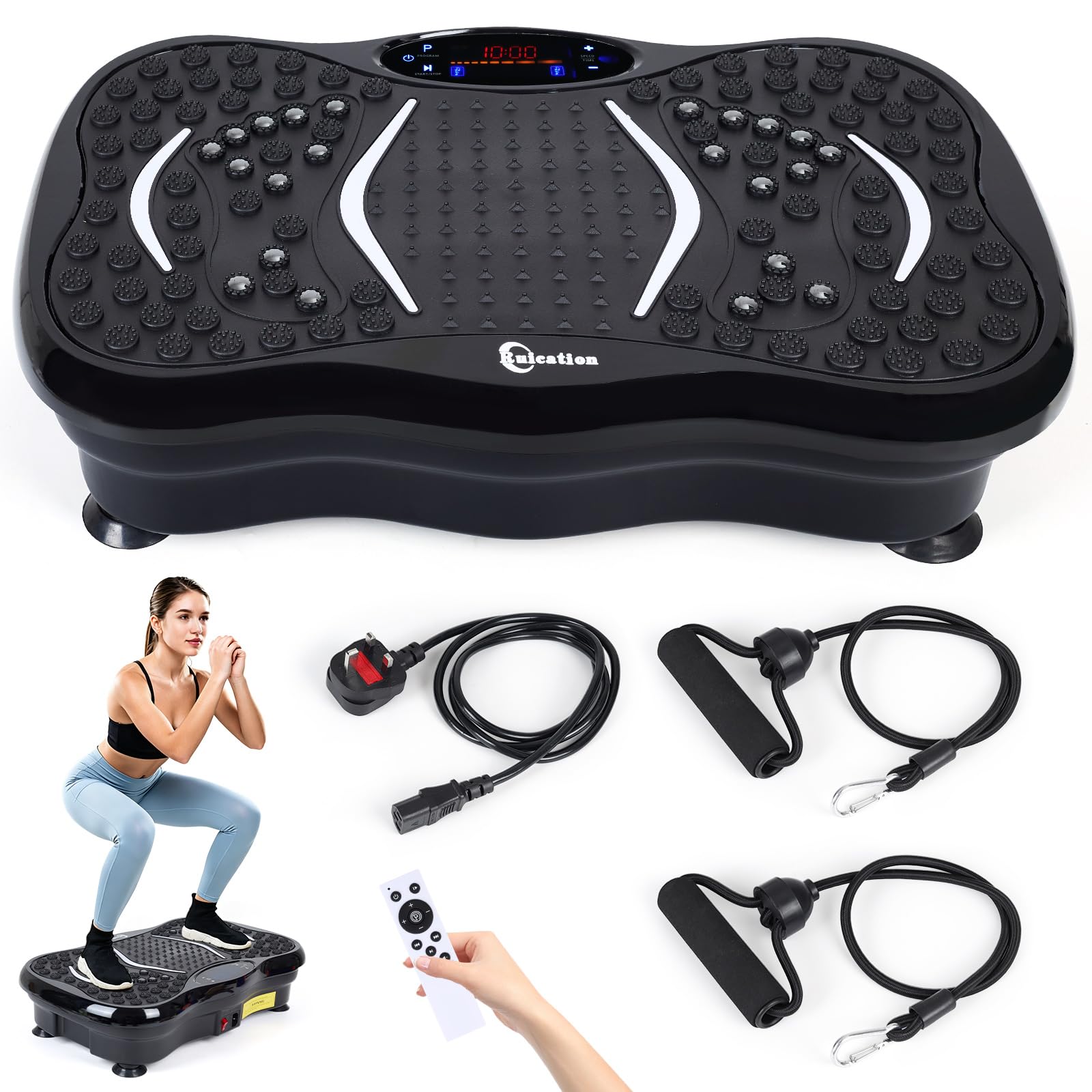 Ruication Vibration Plate Exercise Machine, Vibration Fitness Trainer with Bluetooth Speaker, Home Exercise Equipment for Fitness Body Toning 5 Program Modes 99 Speed Levels, 2 Resistance Bands Black