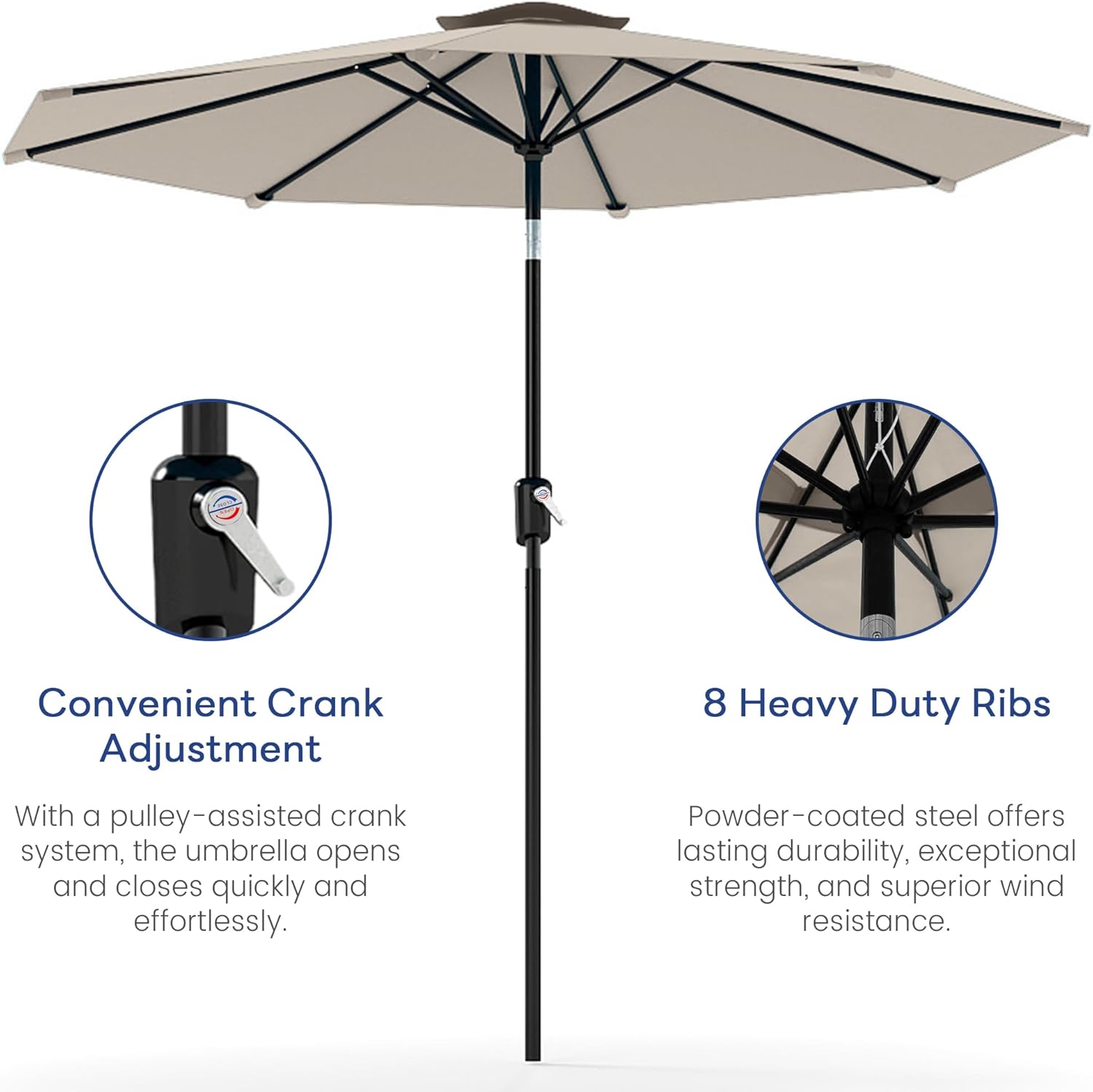 Kromax 9ft Outdoor Patio Umbrella, Outdoor Umbrella for Patio,Venting, with Internal Crank, for Garden Table, Ideal for Pool, Deck, Yard, Beach, Beige