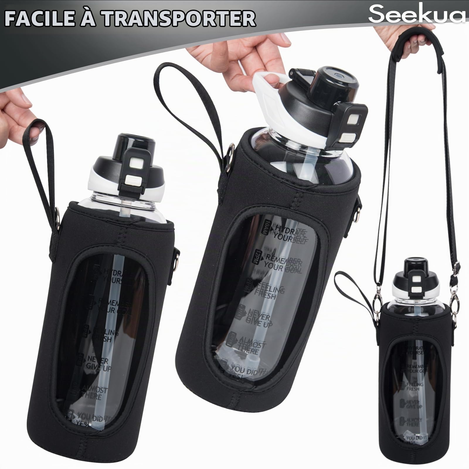 2l Sport Gourde Verre avec Paille & Heure de Motivation 2 litres grande Bouteille d'eau Verre Réutilisable sans BPA avec Marqueur de Temps