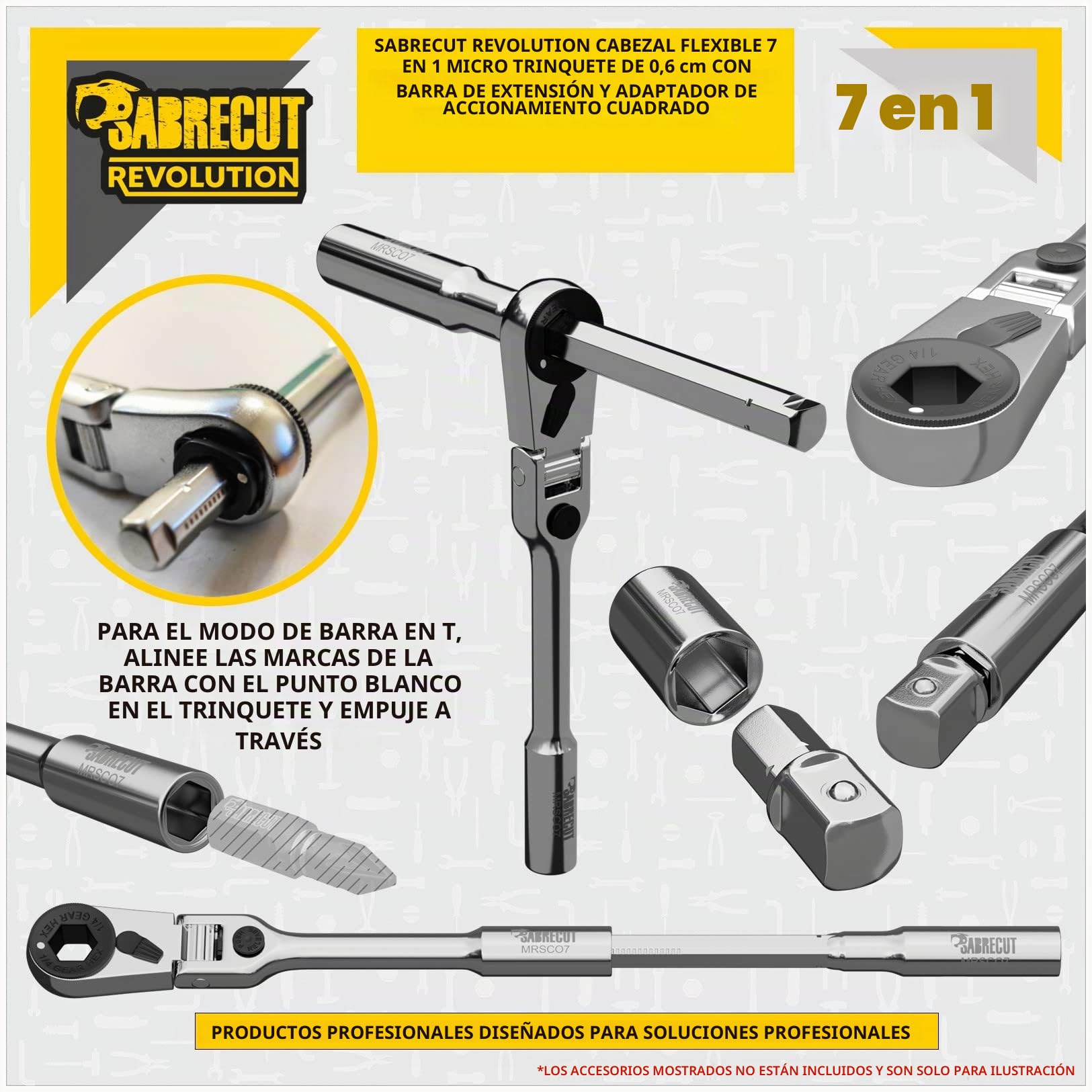 SabreCut 1pc MRSC07 6.3mm 1/4" HEX 1/4" Square Acero inox Punta Carraca | Duradero stainless-steel construcción con a preciso 60-tooth mecanismo para compacto, high-torque acceso