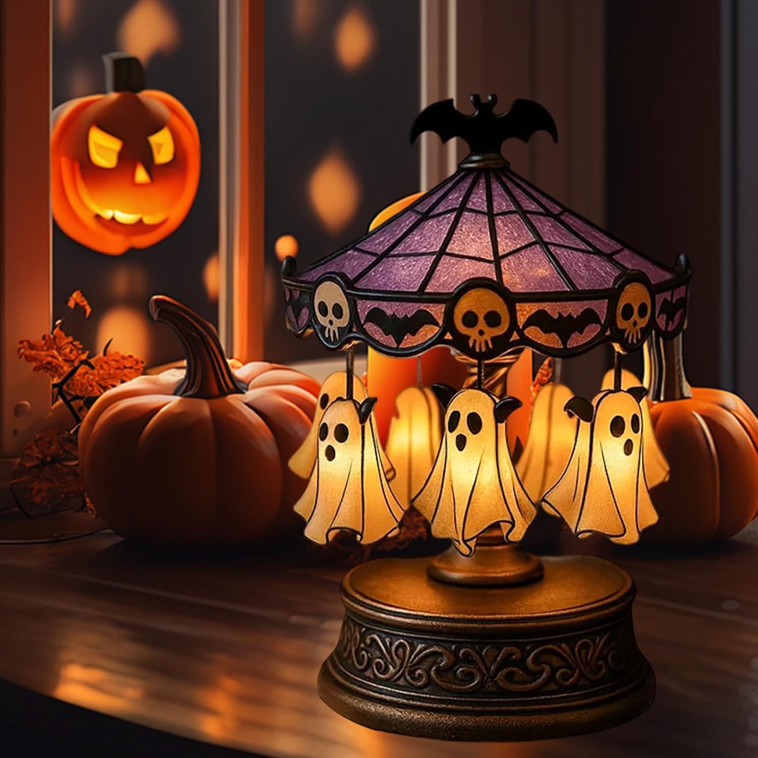 Specter CarouselLight Halloween Desk Lamp Vintage Carousel Decor with FloatingGhost Bats & Skeletons Warm Mood Lighting for Halloween Decoration & Home Decor