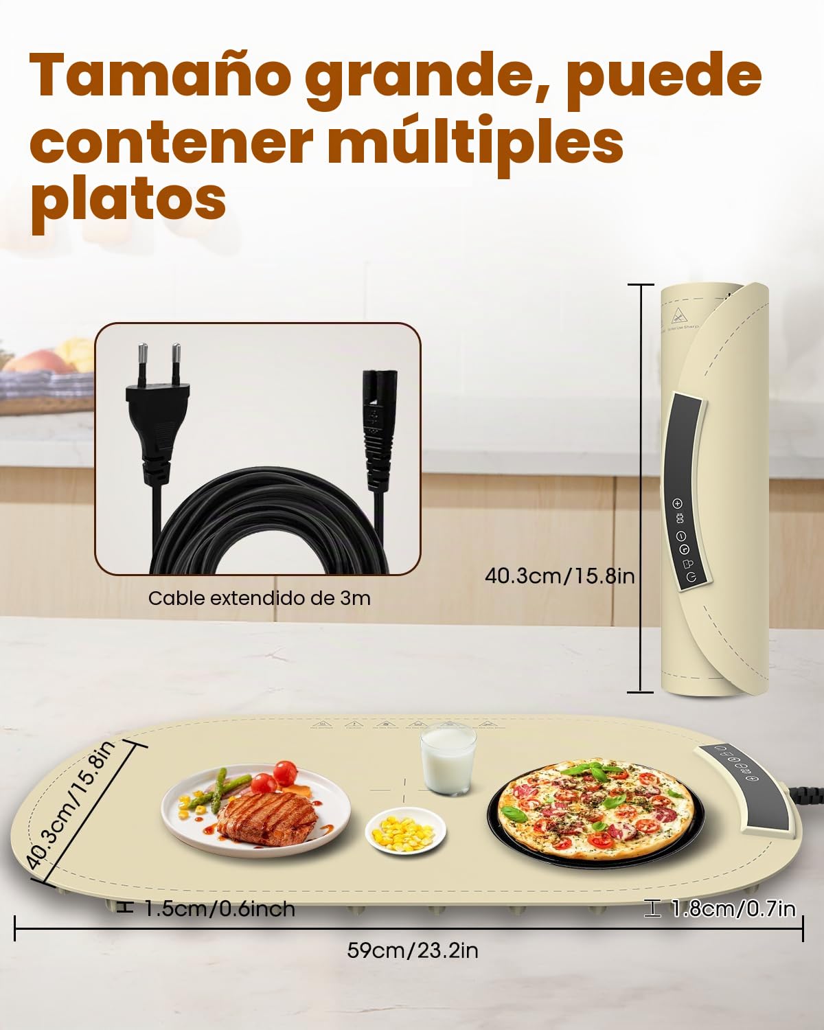 MQFORU Bandeja Calefactora Comida (60x40cm), Placa Calentadora Silicona Portátil Plegable con 7 Ajustes de Temperatura, Temporizador de 4 Horas y Bloqueo de Seguridad, Función de Bloqueo para Niños