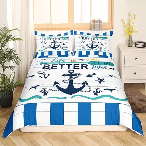 Miniatura 3 de Erosebridal Funda de edredón de ancla náutica, juego de ropa de cama de gaviota coral costera para niños y niñas, funda de edredón rústica de casa