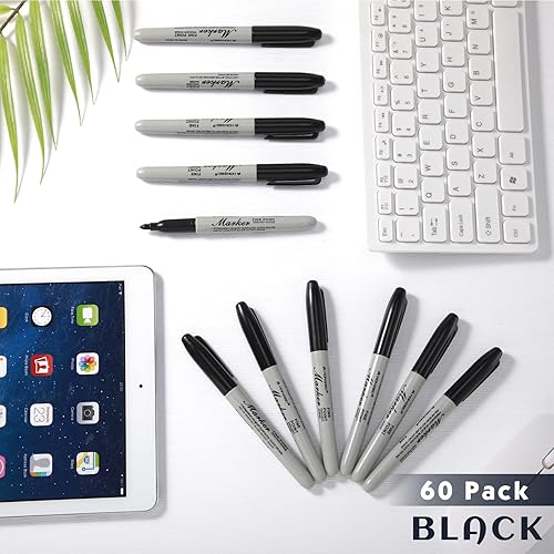 Miniatura 5 de Thenshop Paquete de 60 marcadores permanentes negros a granel, marcadores permanentes de punta fina, de secado rápido, impermeables, para garabatos,