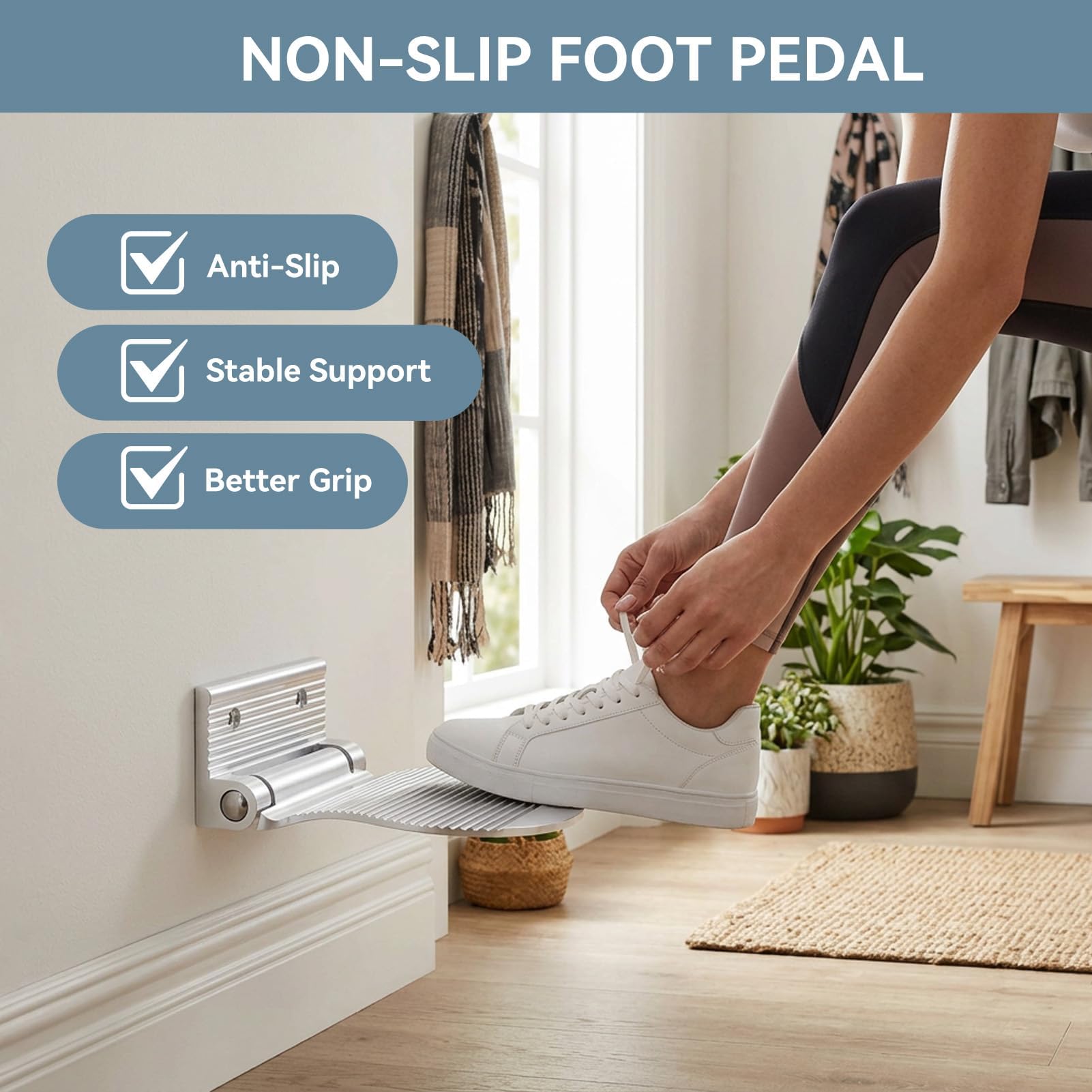 Reposapiés de Ducha, Pedal Plegable Antideslizante con fijación a la Pared, reposapiés portátil de Aluminio Espacial para afeitarse y lustrar Zapatos en el baño y el Pasillo, Color Plateado