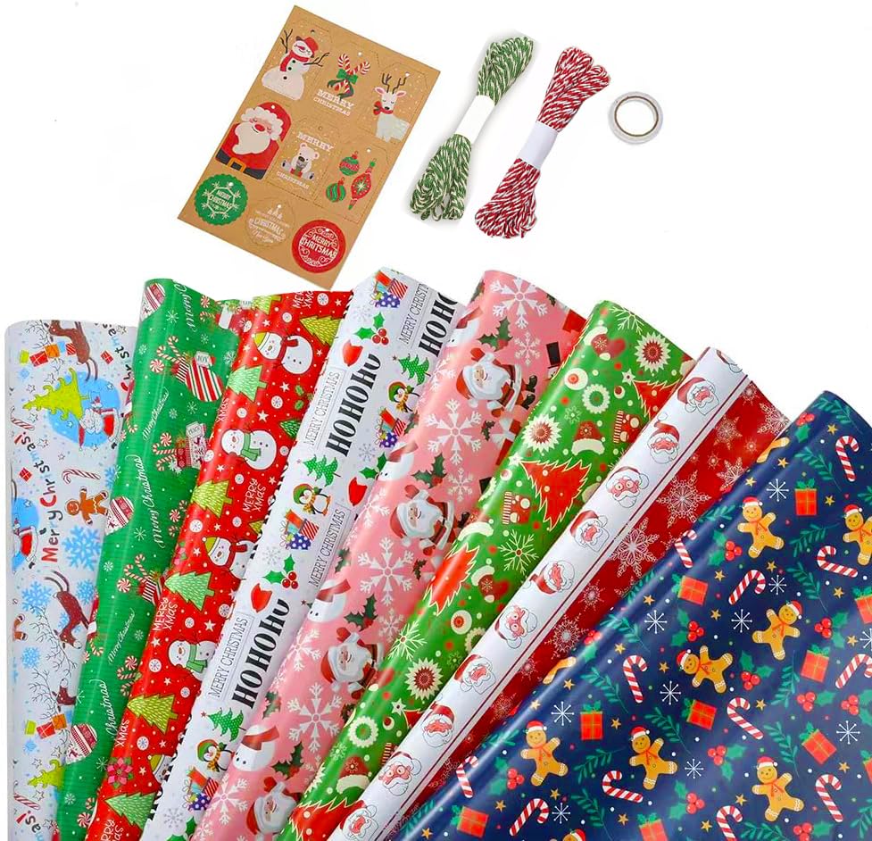 Christmas Gift Wrapping Paper, 8 Sheets Gift Wrap for Christmas Kids Gift Wrapping, Kraft Paper Roll, Holiday Gift Wrapping Paper DIY Set, Size 70cmX50cm