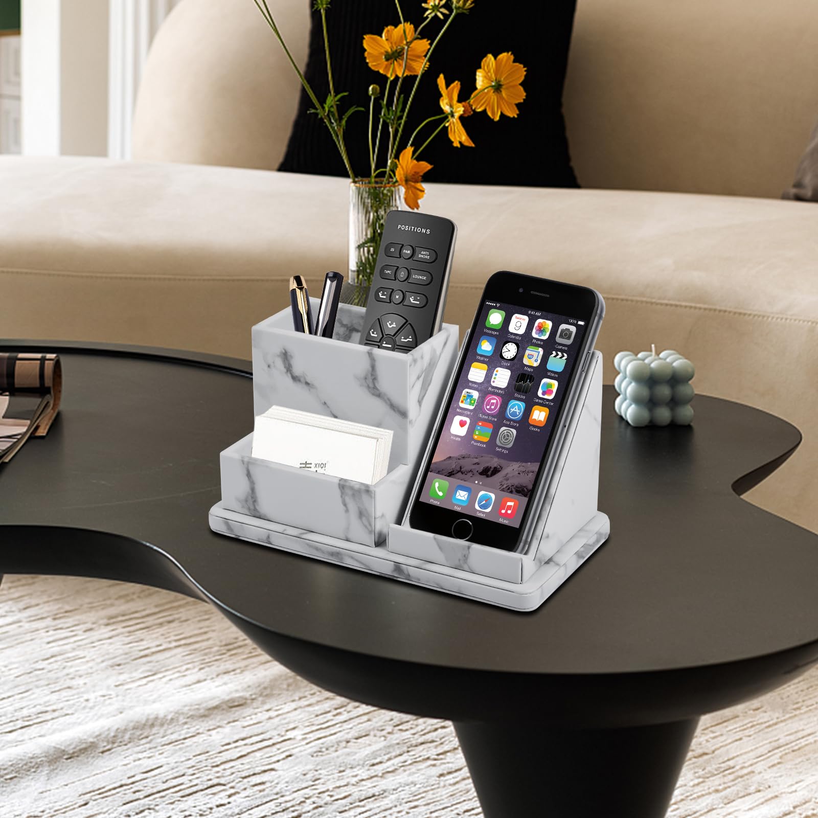 Organiseur De Bureau En Cuir Synthétique - 3 Compartiments Pour Stylos, Téléphone, Télécommandes