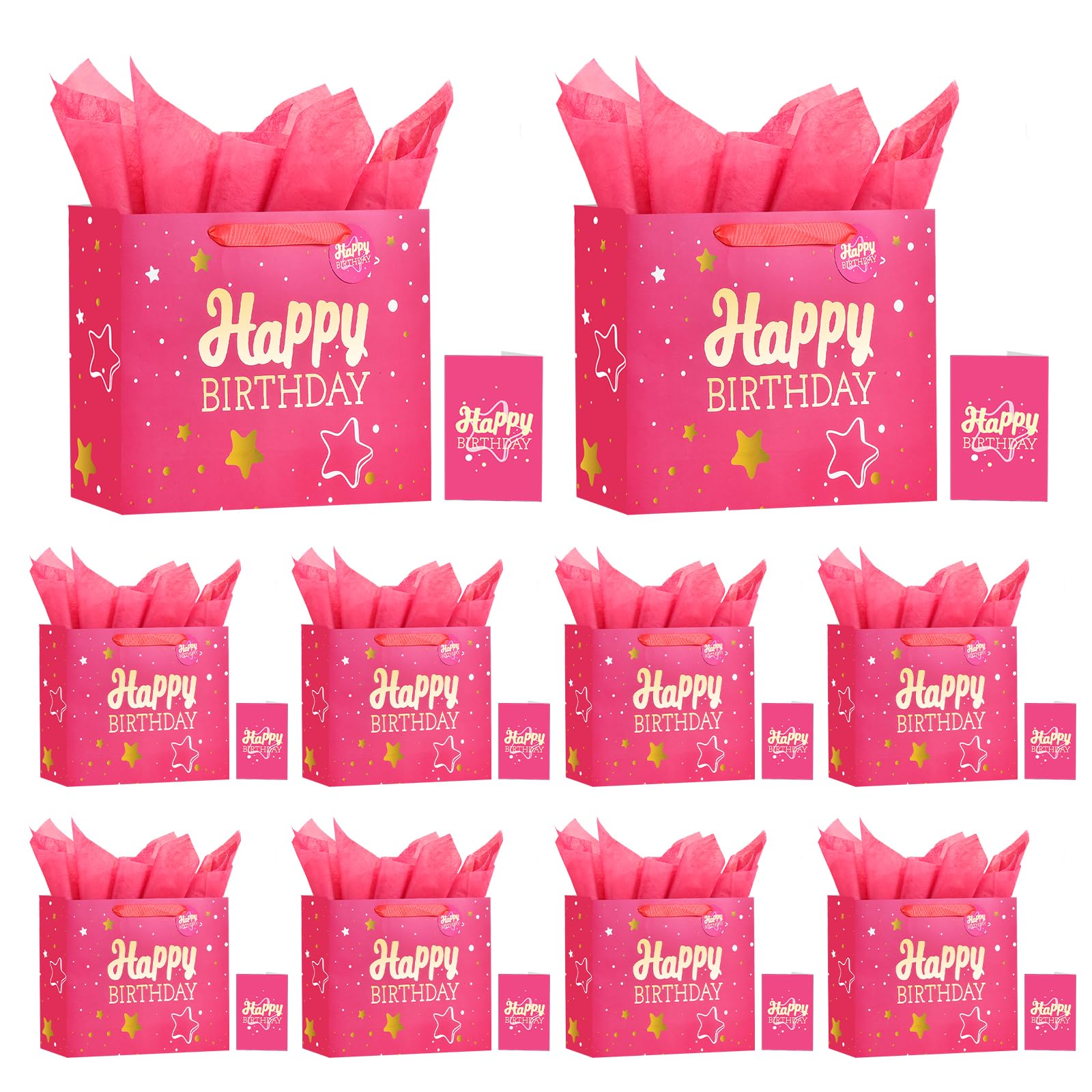 Powbrace 13" Birthday Gift Bag with Tissue Paper &amp; Card(10 Pack Pink Gold)