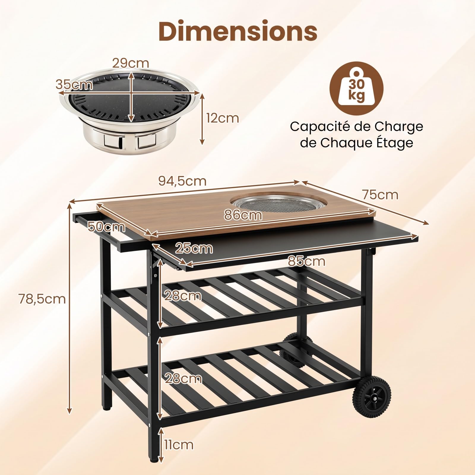 KOMFOTTEU Carrello Barbecue con Forno, Carrello Picnic a 3 Livelli, Piano Laterale Pieghevole, Griglie e Teglie, Carrellino con Ruote per Cucina in Terrazzo e Giardino, 94,5 x 75 x 78,5 cm