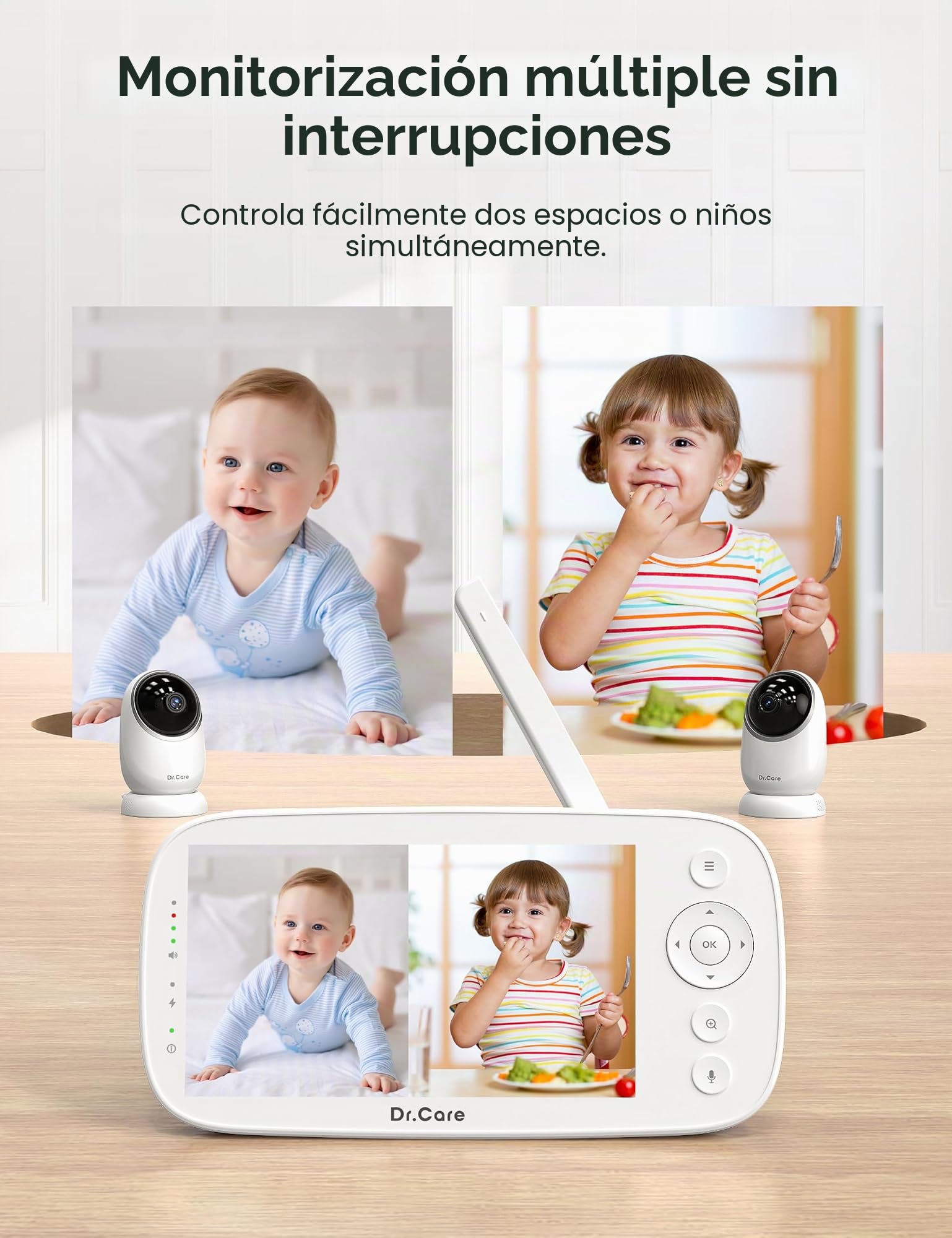 Dr.Care Vigilabebés NovaView Pro con detección de movimiento - Sin WiFi, pantalla de 5" 1080P, batería de 5000 mAh, visión nocturna, zoom 2X/4X, audio bidireccional, cámara giratoria, alcance de 390 m
