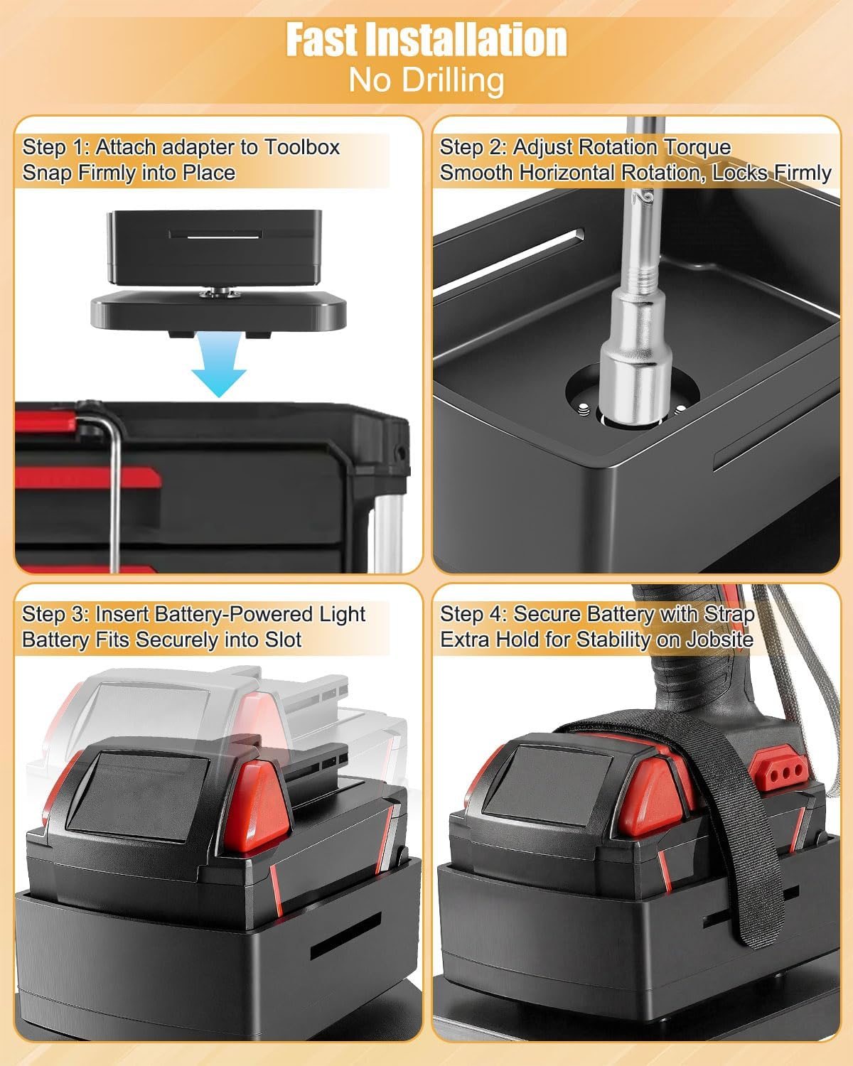 Packout LED Light Adapter Mount Fit for Milwaukee 2354-20 Search Light and M18 XC 3.0/5.0/6.0/8.0 Battery-Powered Work Lights, Mounting on Packout Tool Boxes, Adjustable Torque Pivot