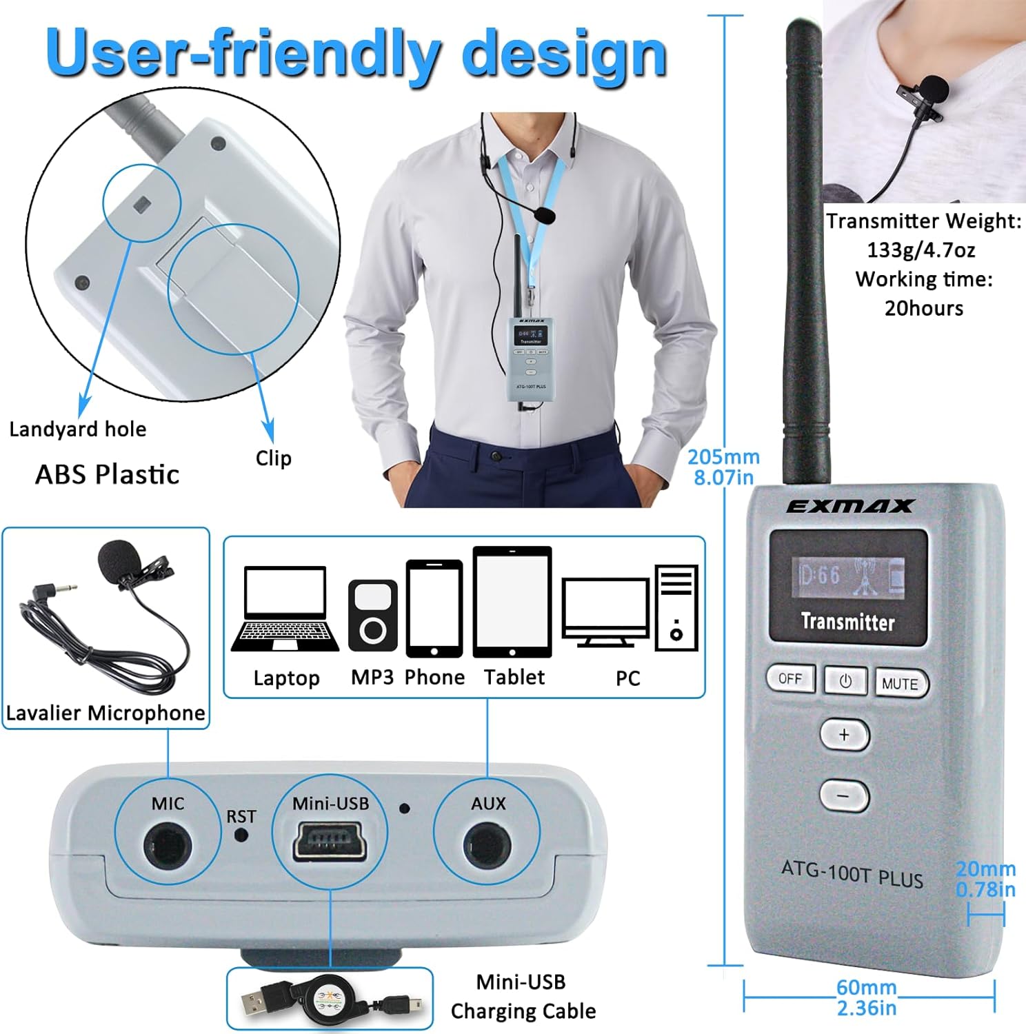 EXMAX ATG-100T Plus 195MHz Wireless Tour Guide Audio Voice Transmission System Microphone Earphone for Church Translation Simultaneous Interpreting Walking Tour Travel Seminars Wedding(1 Transmitter)