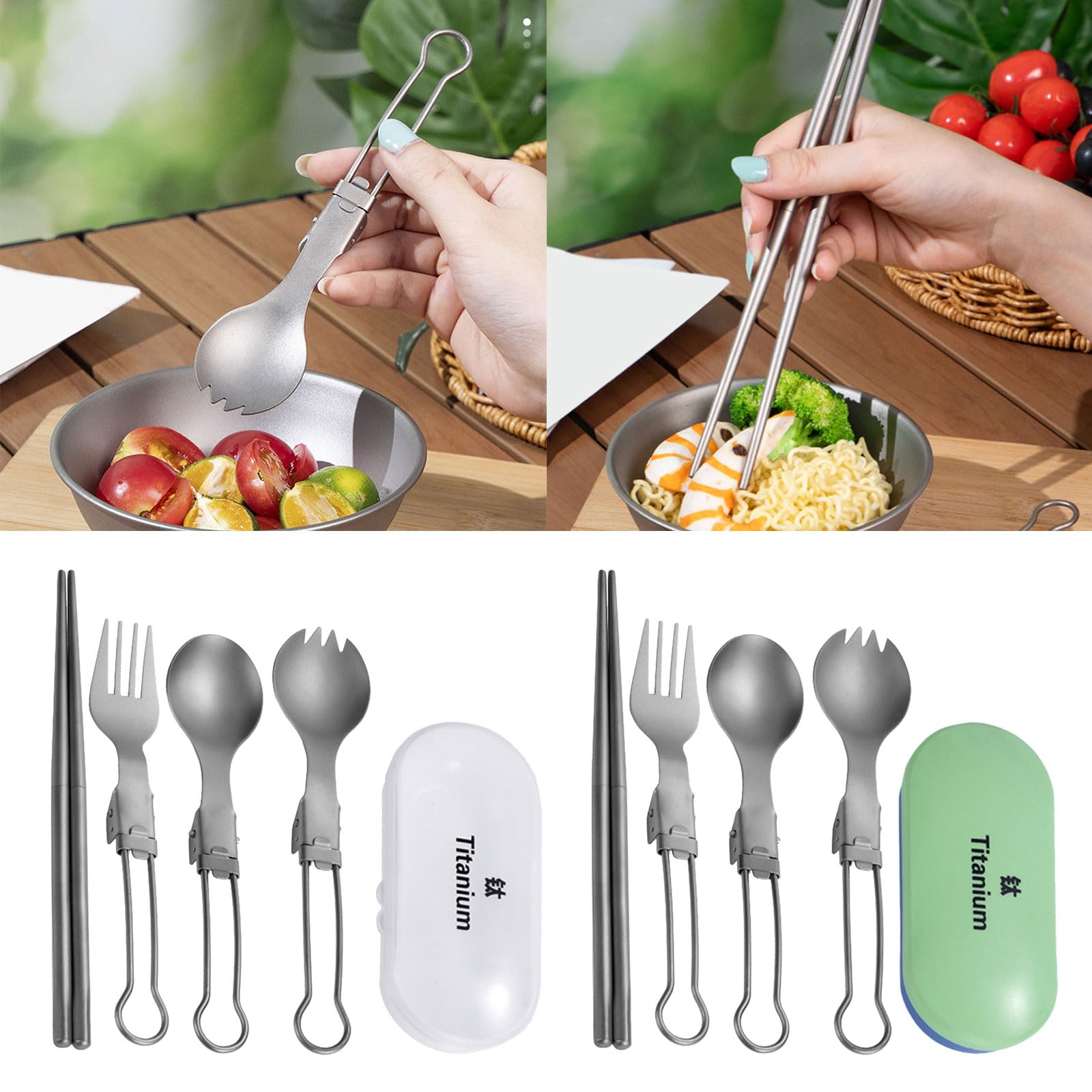 Set di posate da campeggio pieghevoli in metallo da viaggio, forchetta, cucchiaio, bacchette, utensili con scatola per picnic e escursionismo