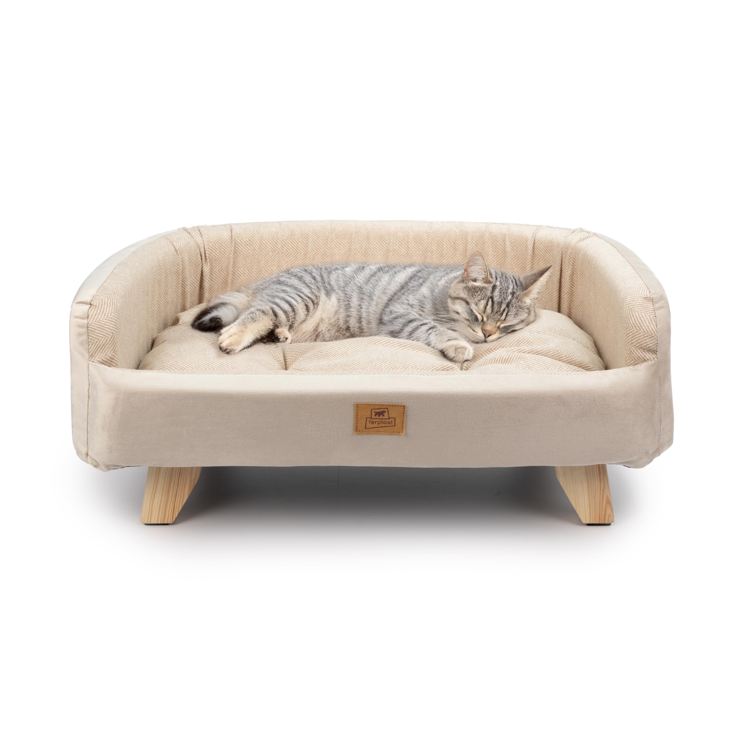 Ferplast FSC® Certified Wooden Cat and Dog Bed with Soft Cushion, Style, Comfort and Durability, 62 x 45 xh 26 cm.