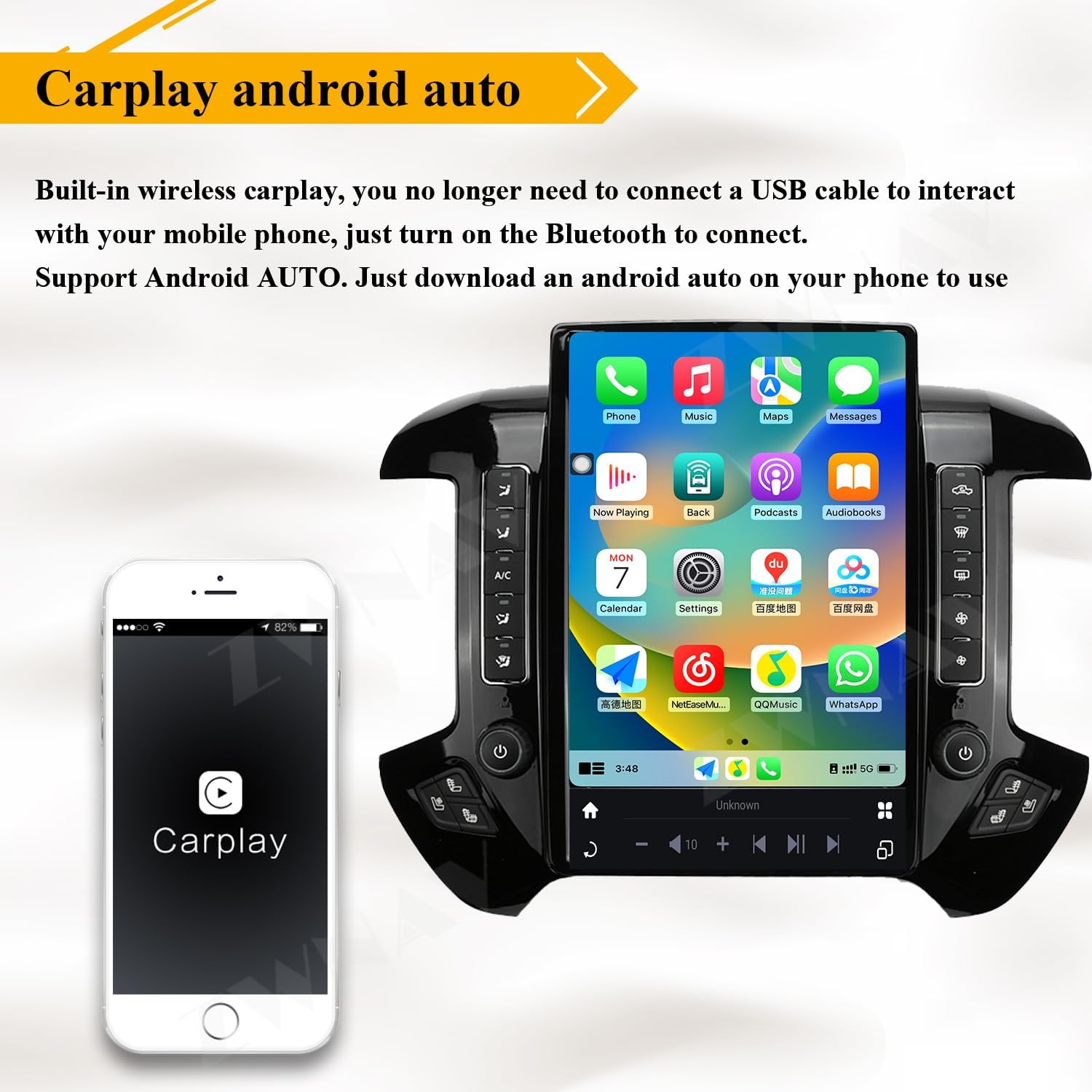 CarPlay interface displayed on the ZWNAV car radio screen