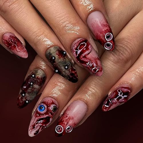 Halloween Press on Nails Short Almond Fake Nails 3D Blood