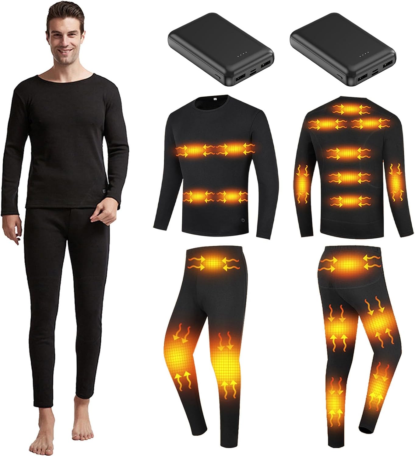 Electric Heated Thermal Underwear Set 20 Heating Zones Winter Outdoor Sports Base Layer Top & Bottom Fleece Lined
