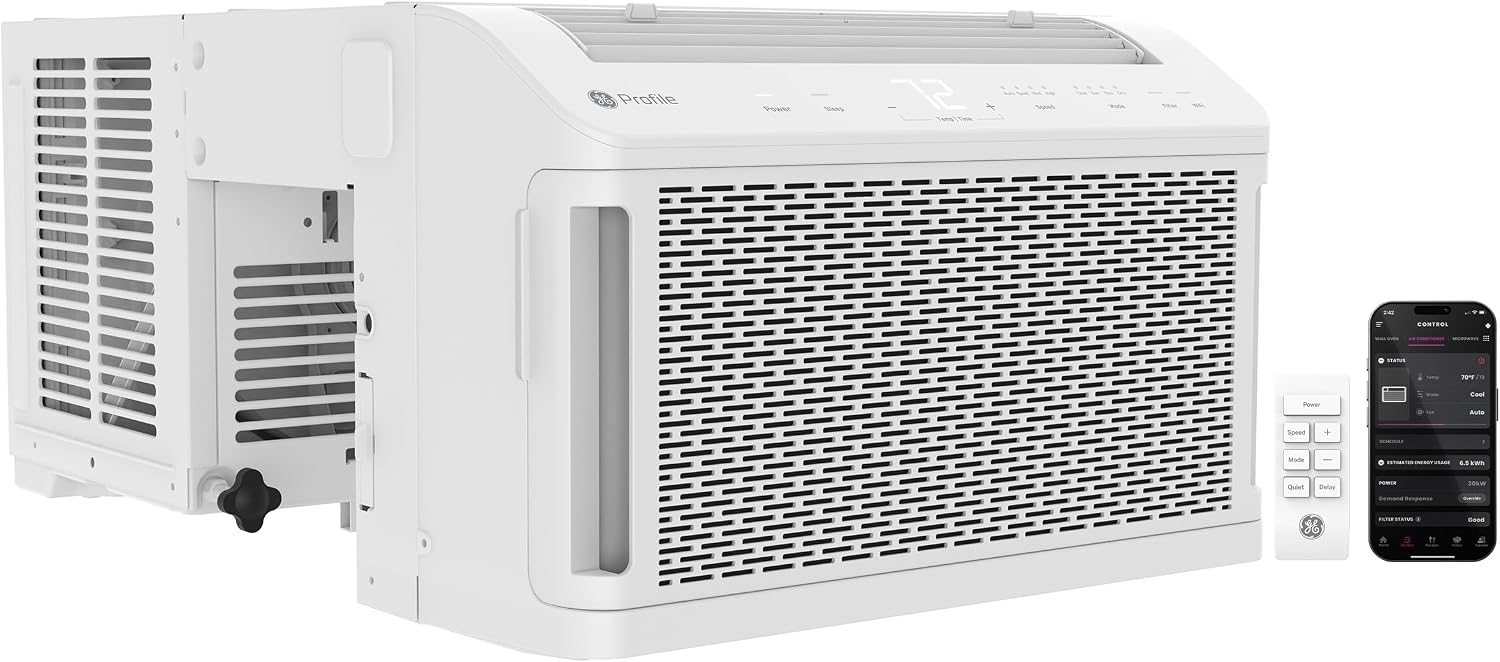 GE Profile ClearView Window Air Conditioner Unit, 8,300 BTU, Energy Efficient Cooling up to 350 sq ft., Ultra Quiet, SMART Home Capable, Includes Remote, White