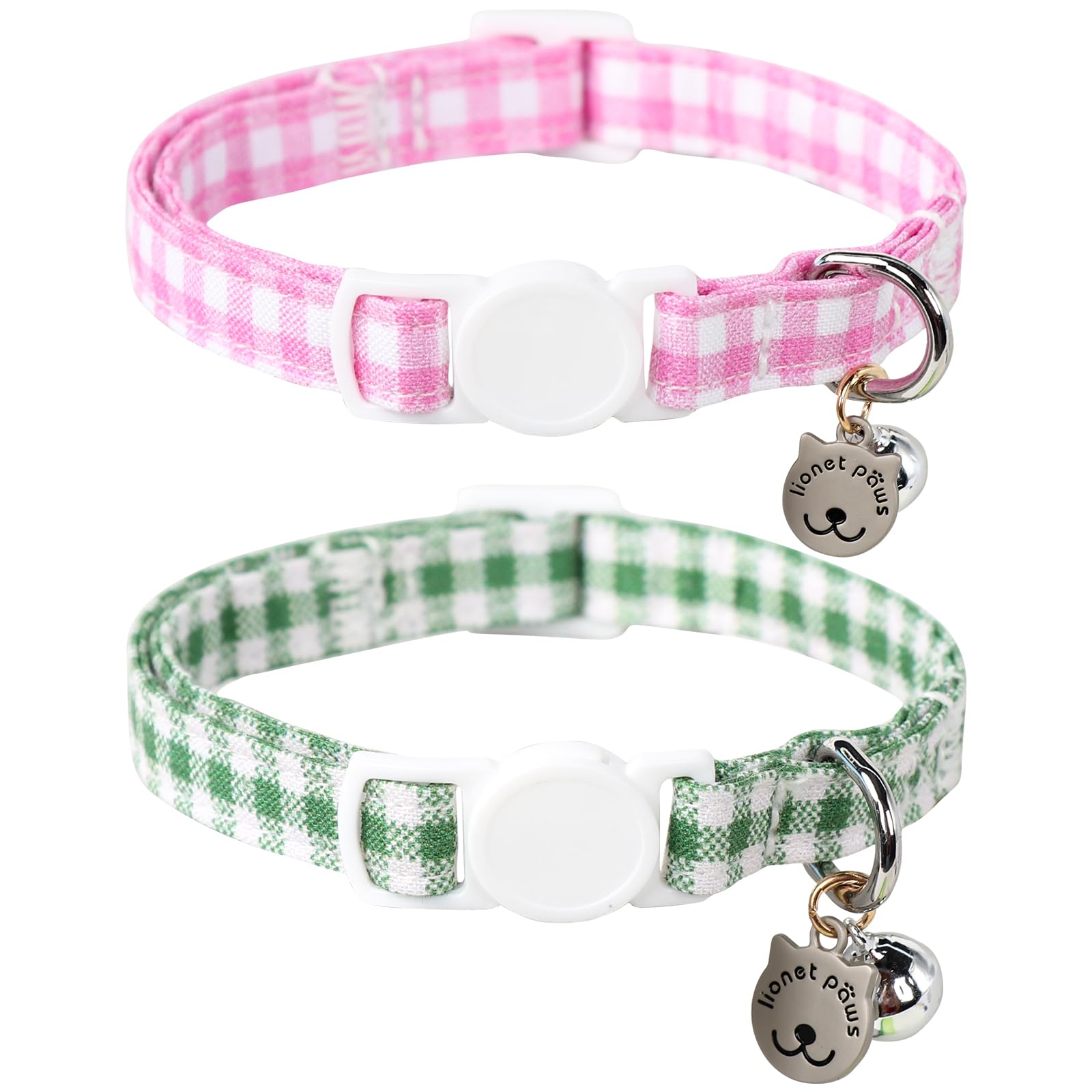 Lionet Paws 2pcs Pack Cotton Cat Collar,Breakaway Buckle with Green Pink Grid and Brand Pendant Cute Adjustable Cat Kitten Collar,Ideal for Girl Cats