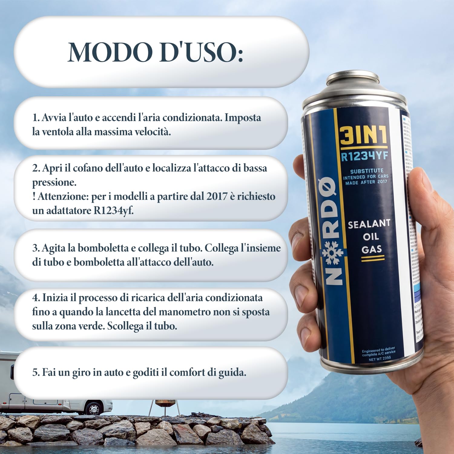 Nordo - Kit climatizzatore R1234yf – 1x 3in1 + 2x refrigerante 5in1 in bombole con olio, sigillante, colorante UV e disidratante – con tubo e adattatore YF
