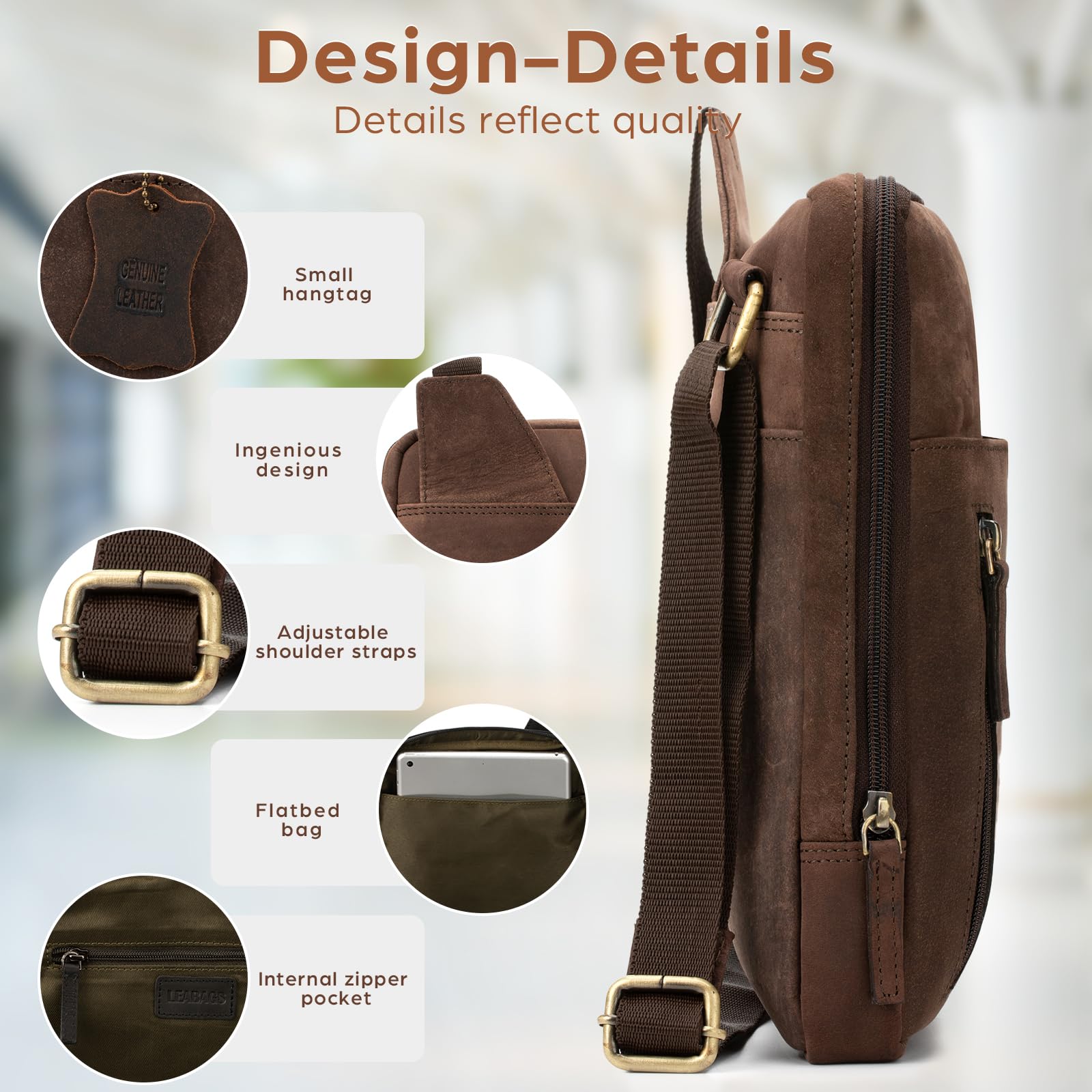 LEABAGS Men's Leather Small Shoulder Bag, Messenger Bag with Shoulder Strap, Men's Travel Bag