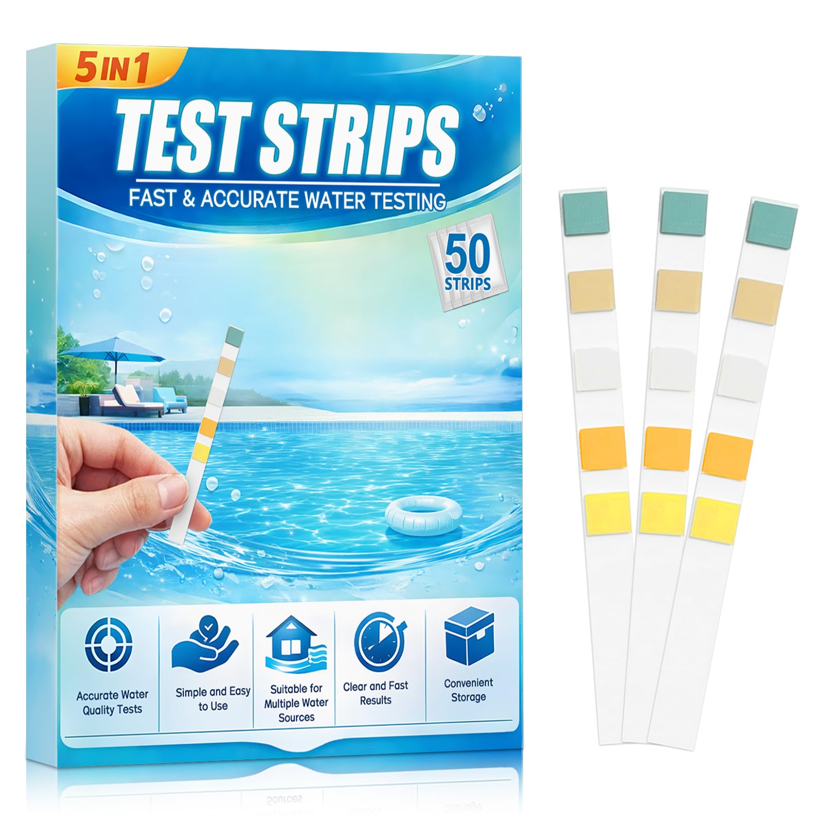5 in 1 Hot Tub Test Strips, Accurate Water Hardness Test Kit for pH, Free Chlorine/Bromine, Total Alkalinity, Cyanuric Acid and Total Hardness, Easy to Read Water Quality - 50 Count