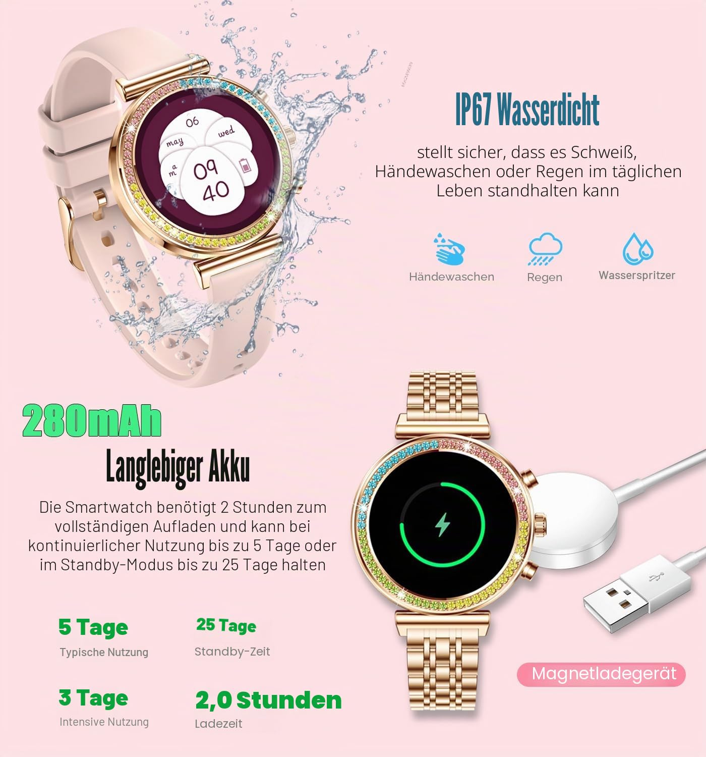 Fitness Smartwatch für Damen, 1,25 Zoll HD Display, Bluetooth Anrufe, wasserdichte Sport Damen Smartwatch, Pulsuhr, Schrittzähler - Kompatibel mit Android & iOS (Full Gold RTi110)