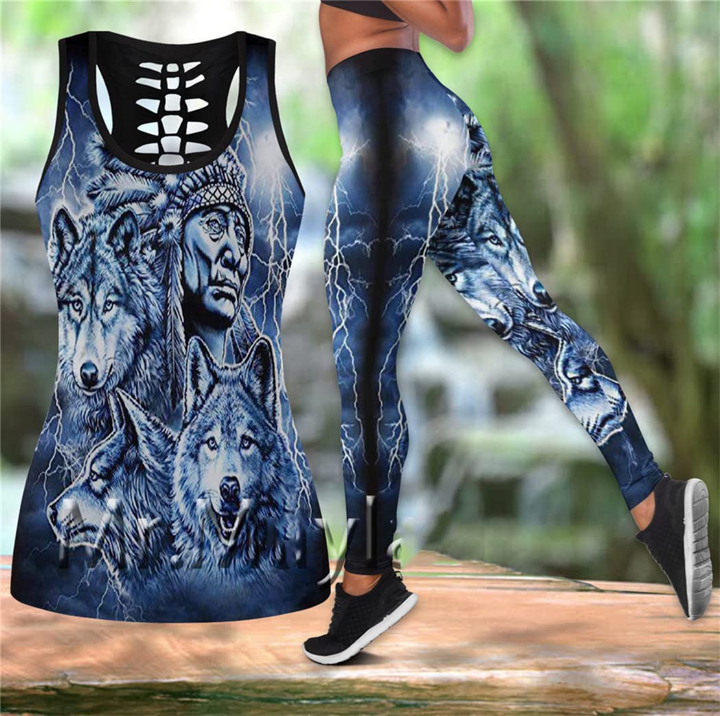 Tanktop mit 3D-Druck, Motiv: Indianer, Wolf, sexy Weste und Leggings, für Mädchen, Tank-Tops, Yogahose, Tanktops und Leggings, 38