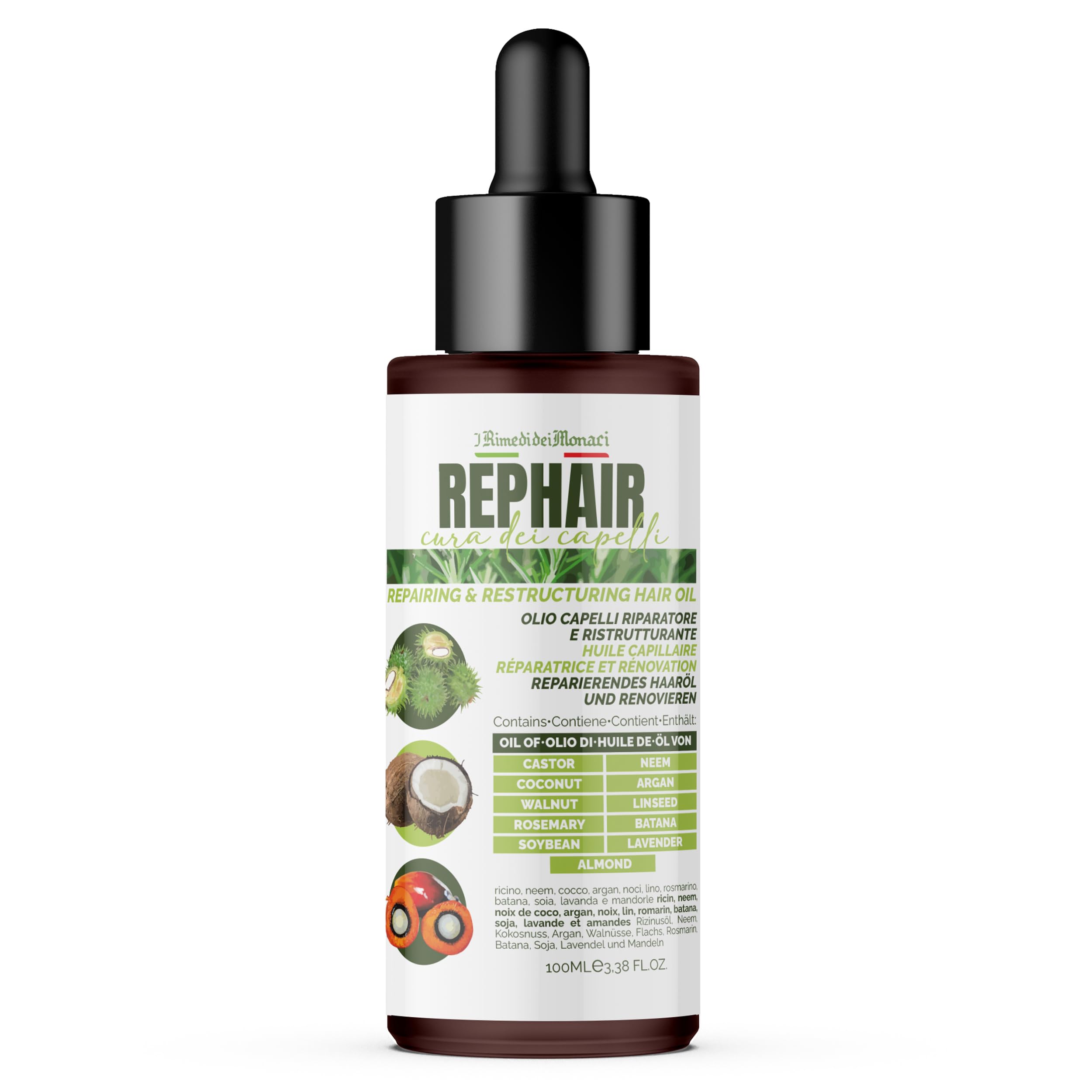 Olio Capelli Rosmarino Rephair 100 ml – Con Batana, Soia e Lavanda – Stimola Crescita e Idratazione Profonda, Contrasta la Caduta, Nutre e Rinforza 100% Made in Italy