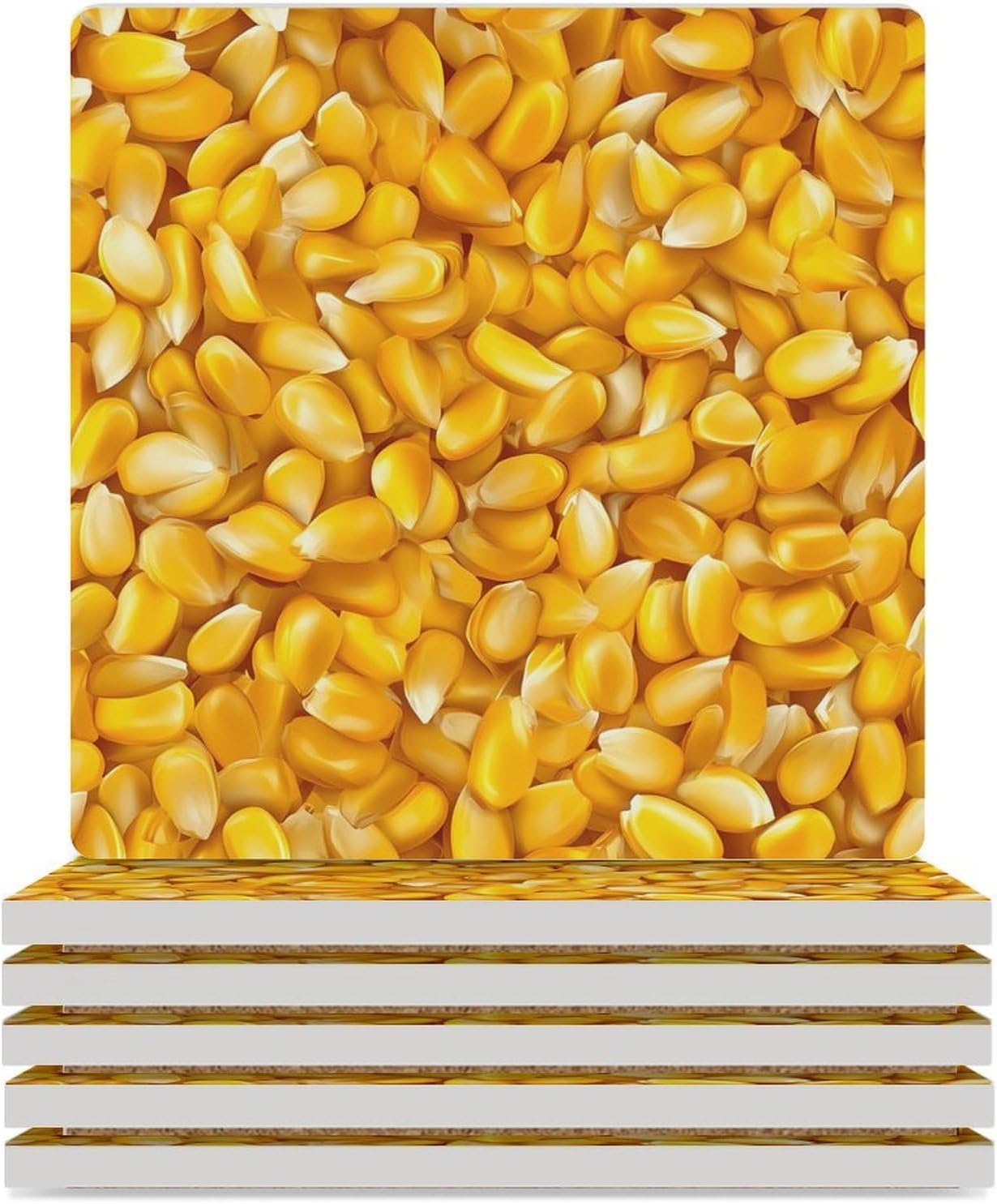 Corn Kernels Funny Ceramic Coasters for Drinks Absorbent Cup Holder Tabletop Protector with Cork Base