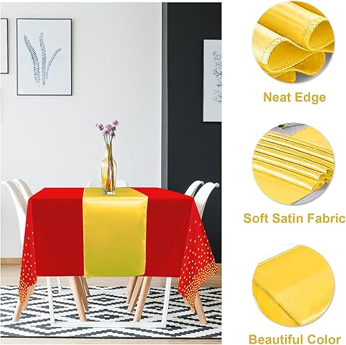 Miniatura 3 de Juego de 8 manteles desechables de plástico para fiestas y camino de mesa de satén rojo y dorado, mantel de satén dorado para bodas, cumpleaños,