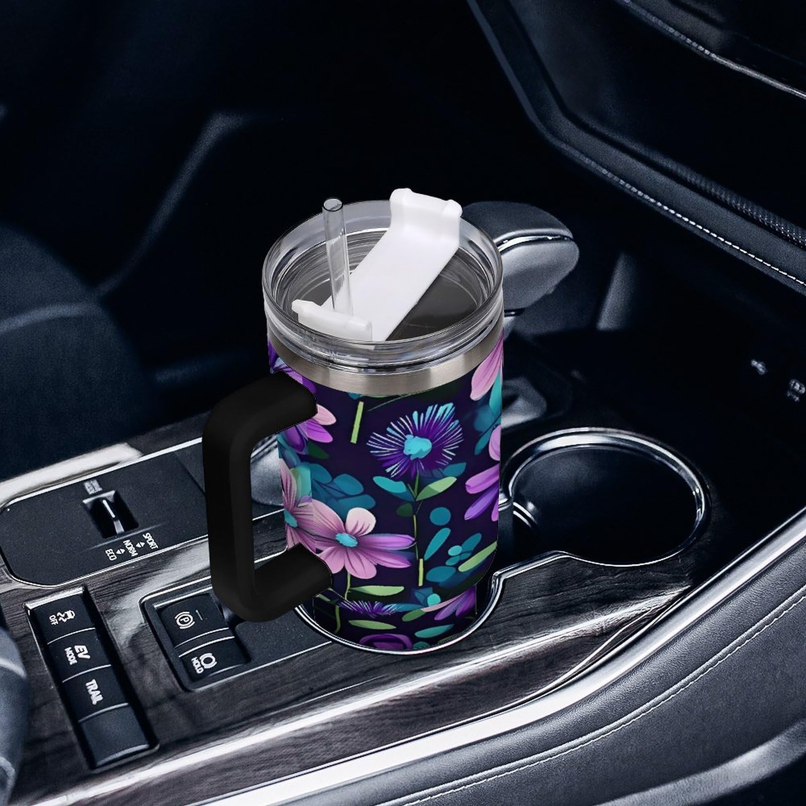 Tazas de camelia morada con popote y asa, taza de café con aislamiento al vacío de doble pared, botellas de agua para café helado, té, bebida caliente y fría