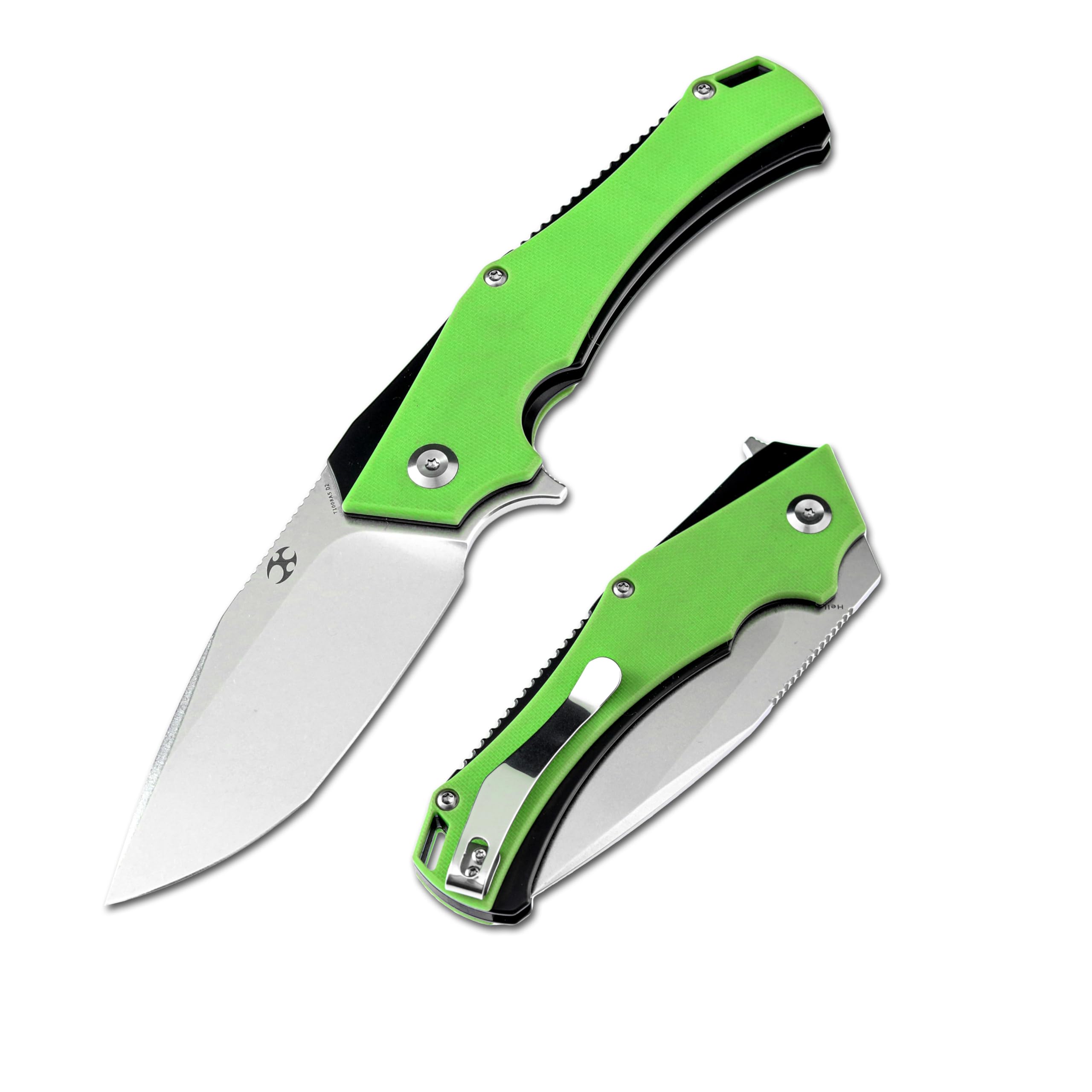 KANSEPTHellx Pocket Knife 8.9in Folding Knife with 3.6in D2 Blade, Green G10 Handle, Heavy Duty Poclet Tactical Knife for Men,Easy Open Knife,Envelope Opener T1008A5