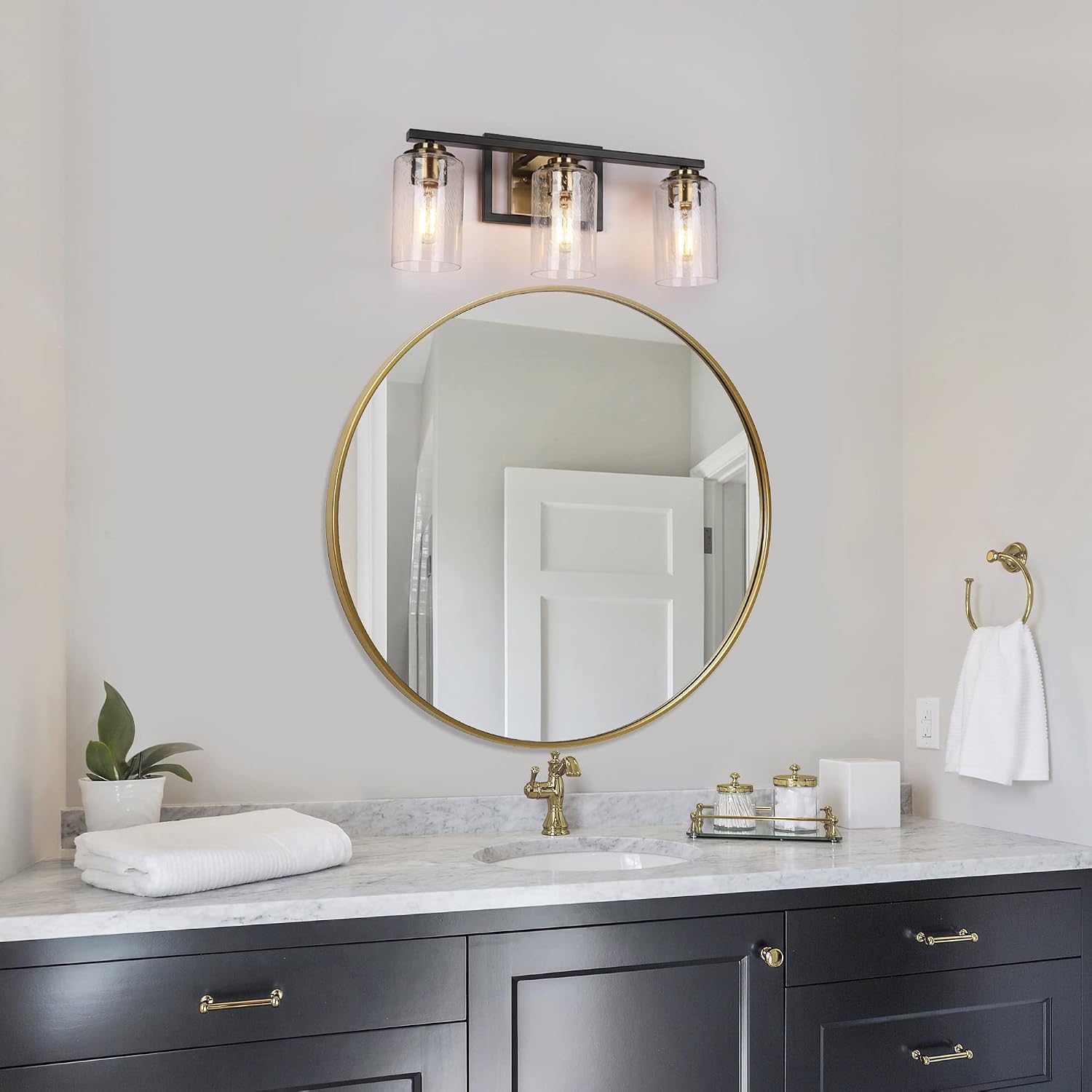 ZEVNI Black Gold Vanity Light Fixtures, 3-Light Modern Bathroom Vanity Light Fixture with seeded Glass Shades, 20” X 9” X 6”