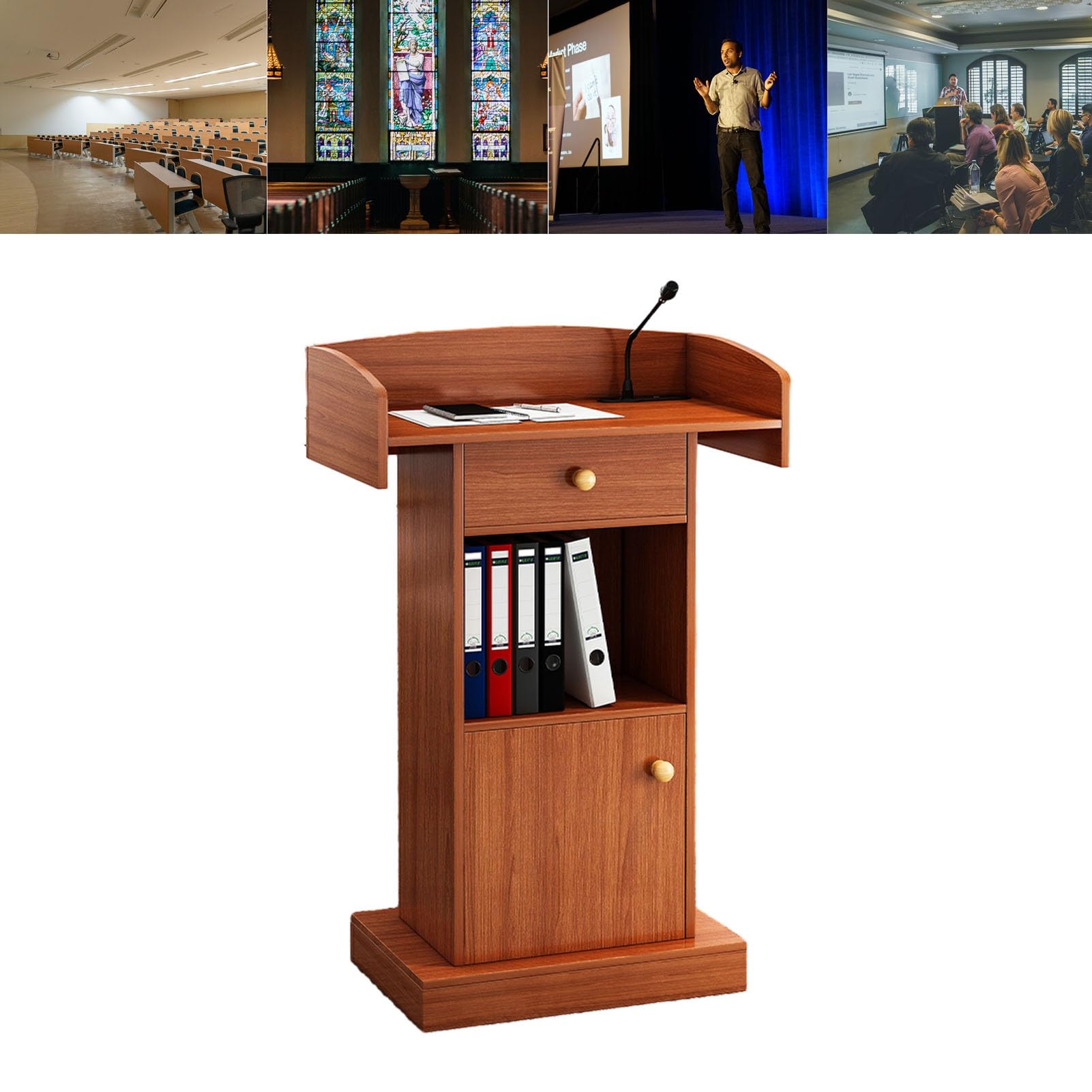 Leggio professionale con armadio portaoggetti e cassetto, ideale per insegnanti, presentatori, maestri di cerimonia e cappellani – Supporto robusto per presentazioni efficaci