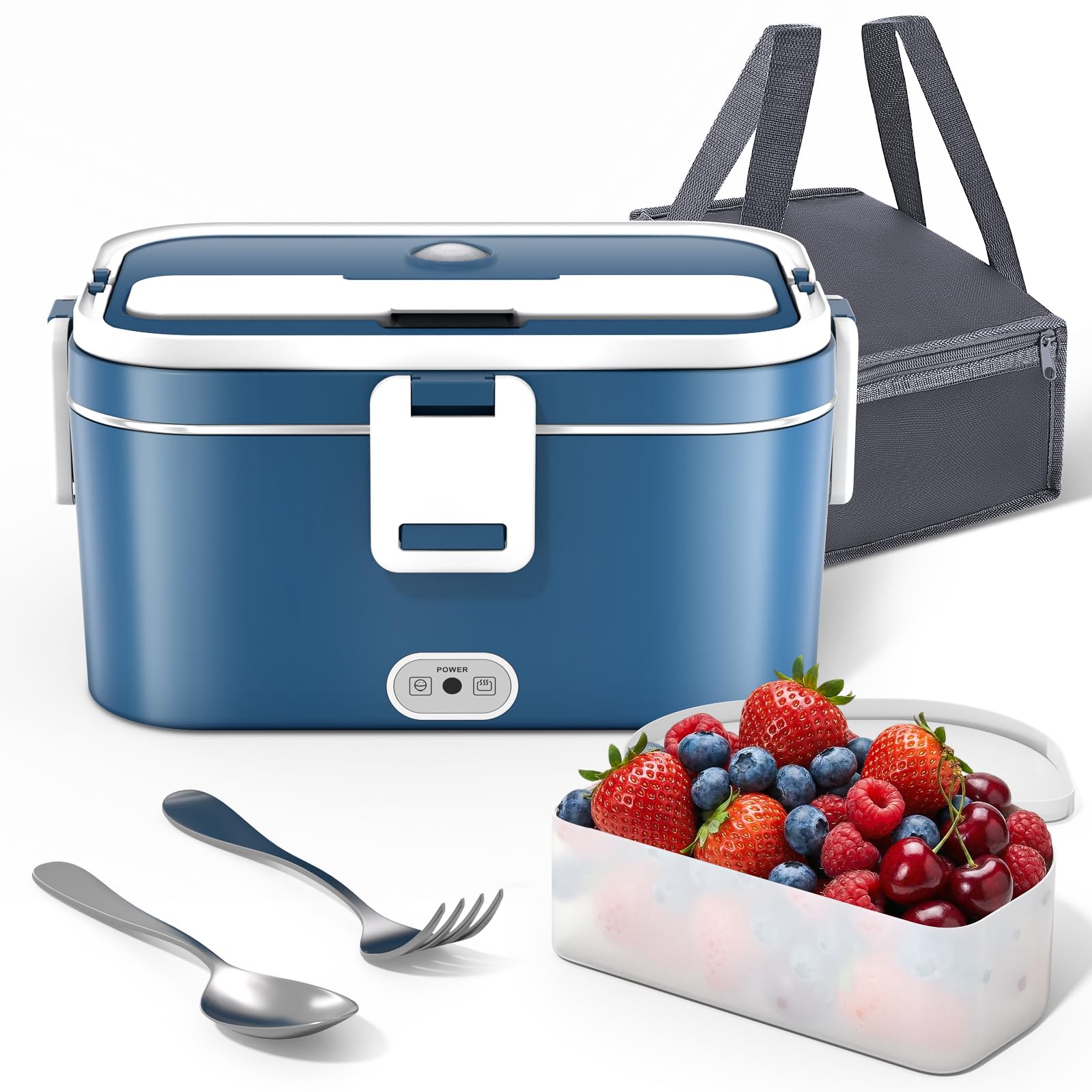 Anykuu Elektrische Lunchbox 100W 1,8L 3-in-1 12V/24V/220V Lunchbox elektrisch mit Edelstahl Gabel Löffel tragbare beheizte Lunchbox für Berufstätige, Studenten, Fernfahrer & Reisende