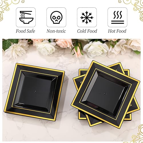Miniatura 3 de 200 platos de postre de plástico negro y dorado, cuadrados de 6.5 pulgadas, desechables, para aperitivos, pasteles, ensaladas, cubiertos con borde