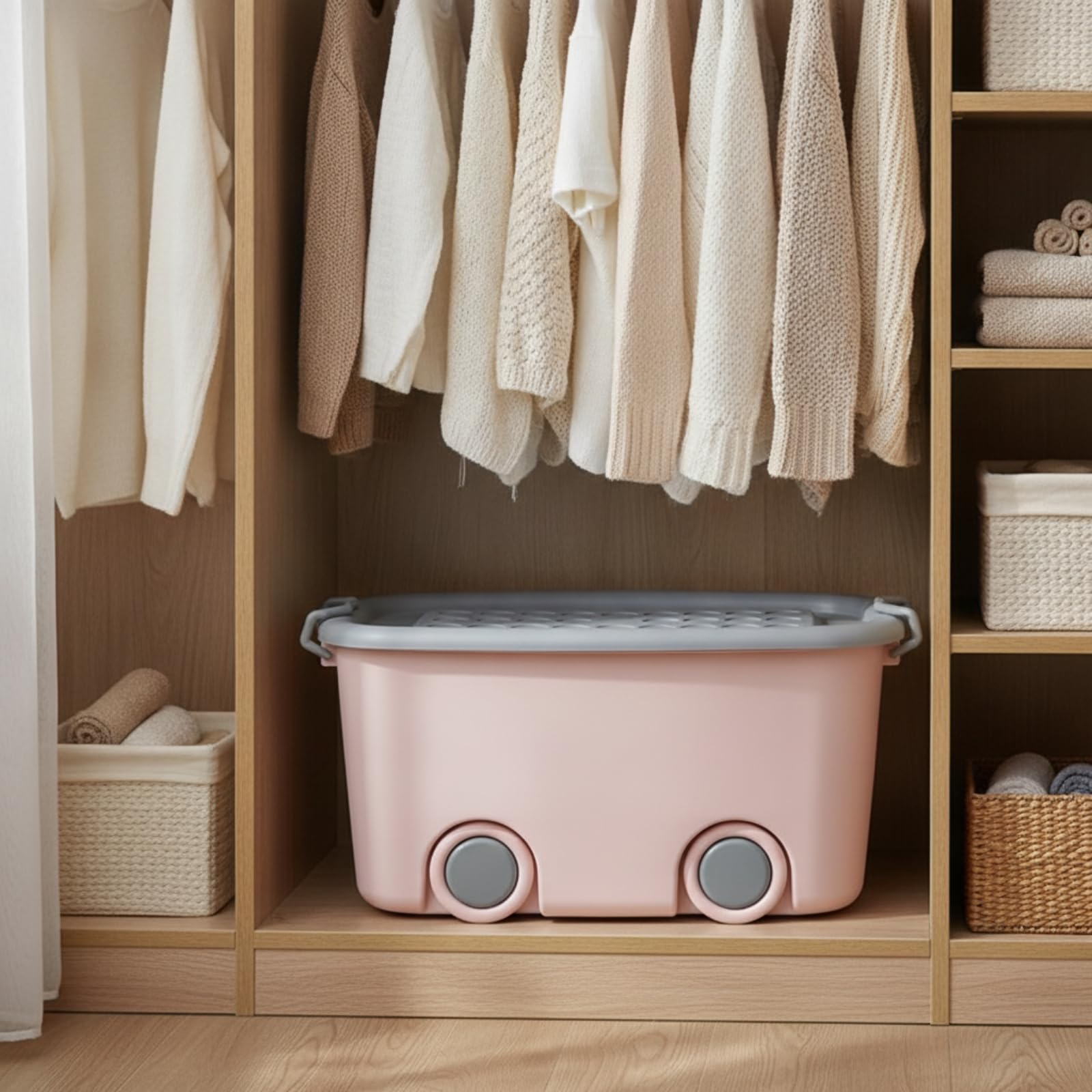 Caja Almacenamiento con Ruedas Multiusos Recipien Plástico con Larales Móvil Organizador Armario Apilable para Sala Estar, 58x39x31cm