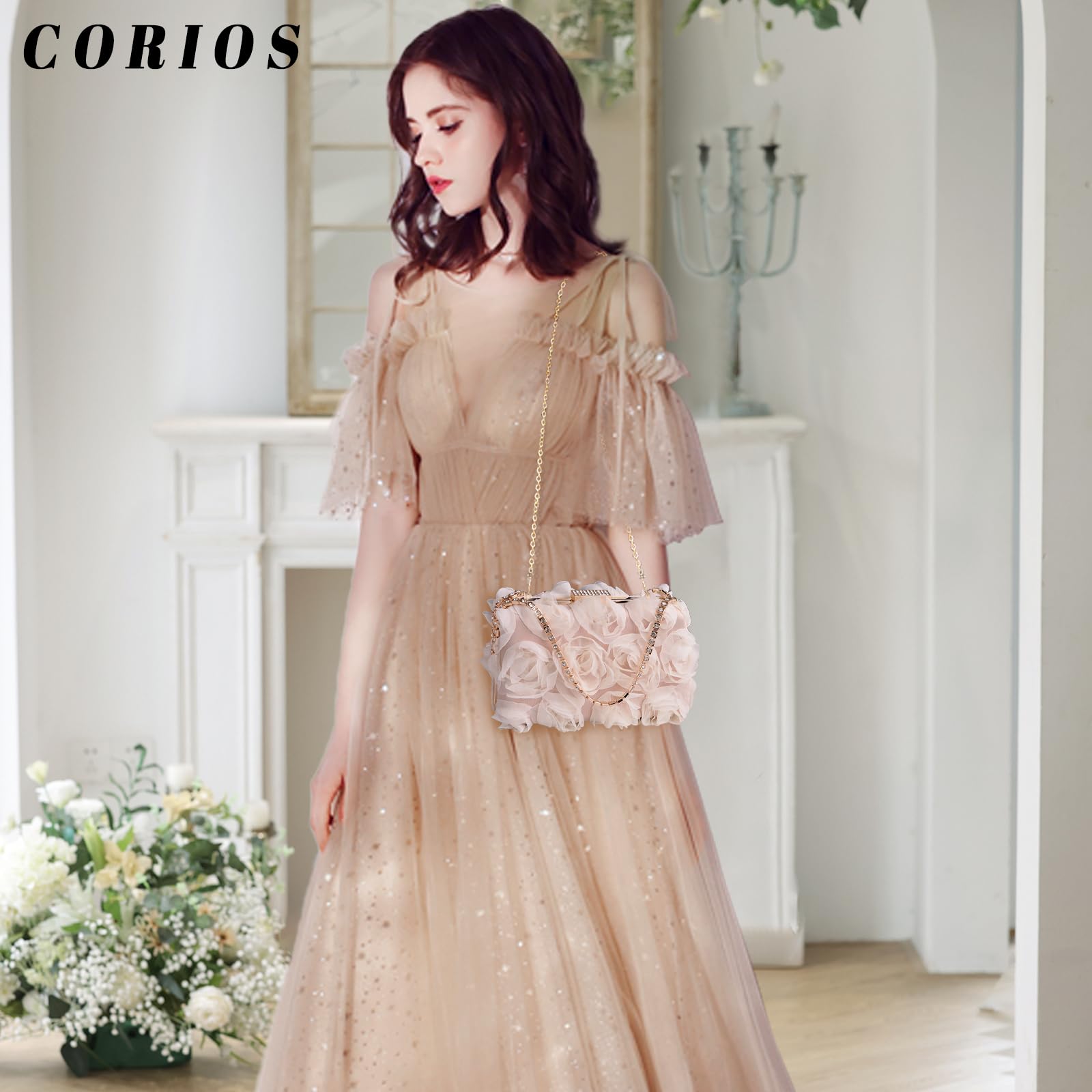 CORIOS Pochette da Donna in Raso Floreale con Paillettes, Borsa da Sera a Petalo Lussuoso a Tracolla per Sposa, Ballo, Cocktail, Festa - Champagne