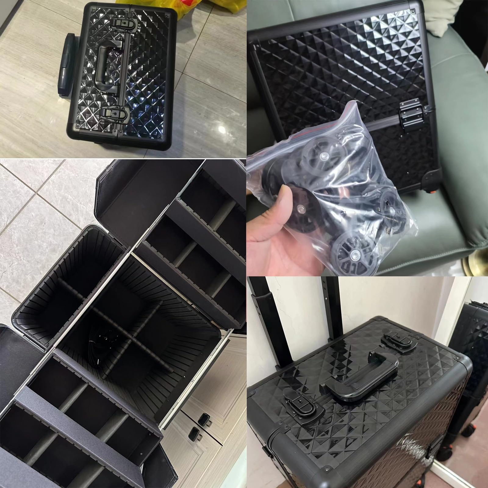 Walizka na kółkach do makijażu, przenośny wózek kosmetyczny, walizka na kółkach z kółkami, aluminiowe etui na kosmetyki, zestaw pędzli do wałków do włosów i kosmetyków, podróżna kosmetyczka, Czarny,