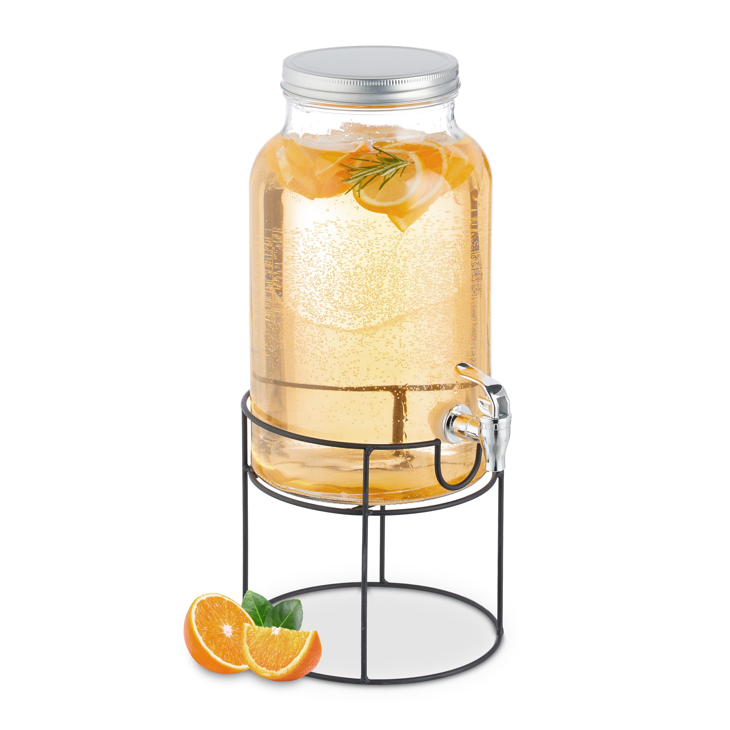 Relaxdays drankdispenser, 5 liter, vintage design, kraantje en schroefdeksel, glas, limonadetap, met reliëf, transparant